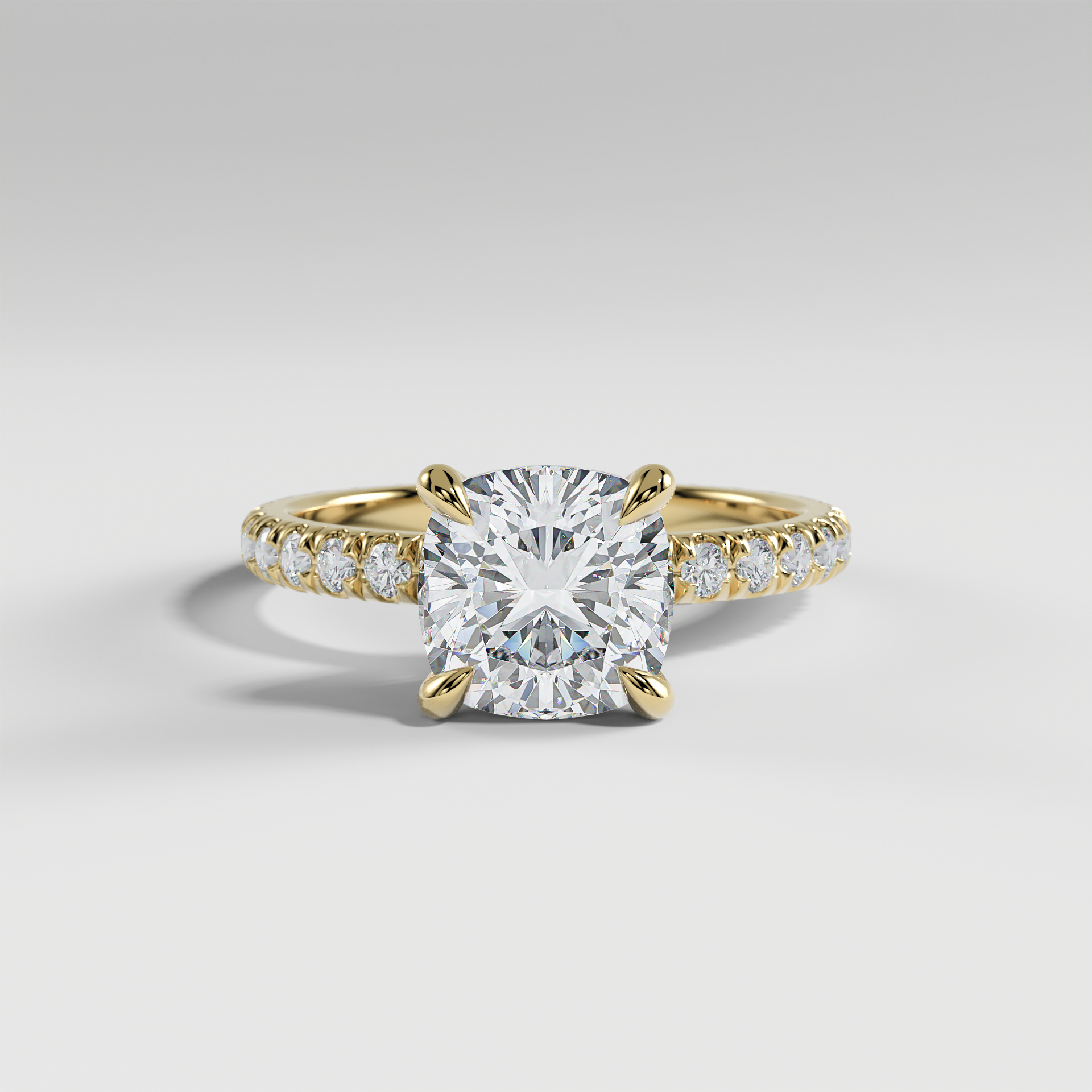 GRACE - Cushion Solitaire Engagement Ring with Pavé Diamond Band and Open Basket Setting
