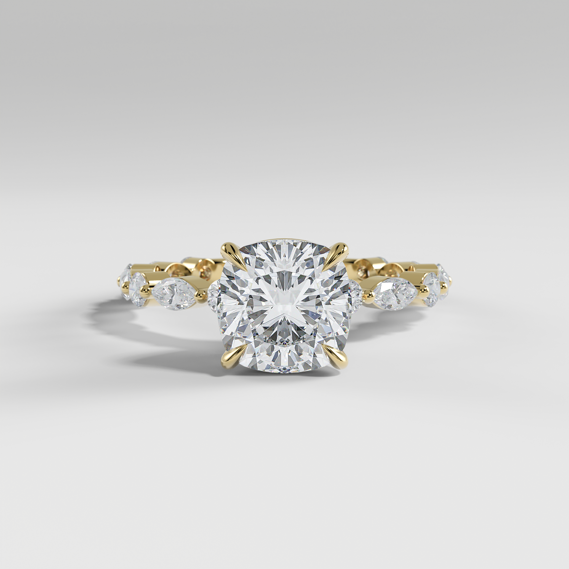 HANNAH - Cushion Solitaire Engagement Ring with Marquise & Round Accent Stones and Hidden Halo