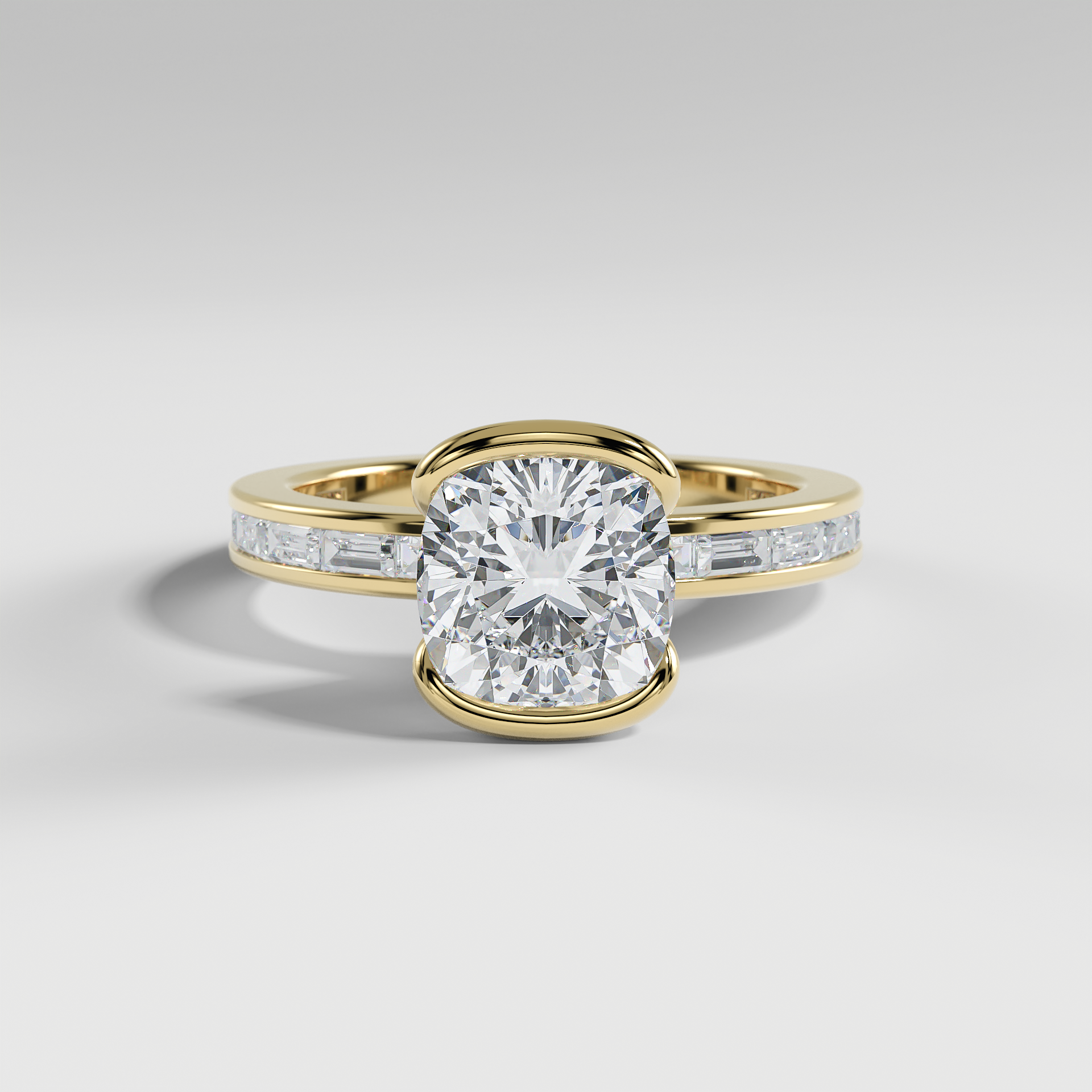 ADDISON - Cushion Solitaire Engagement Ring with Half Bezel Setting and Channel Set Baguette Band