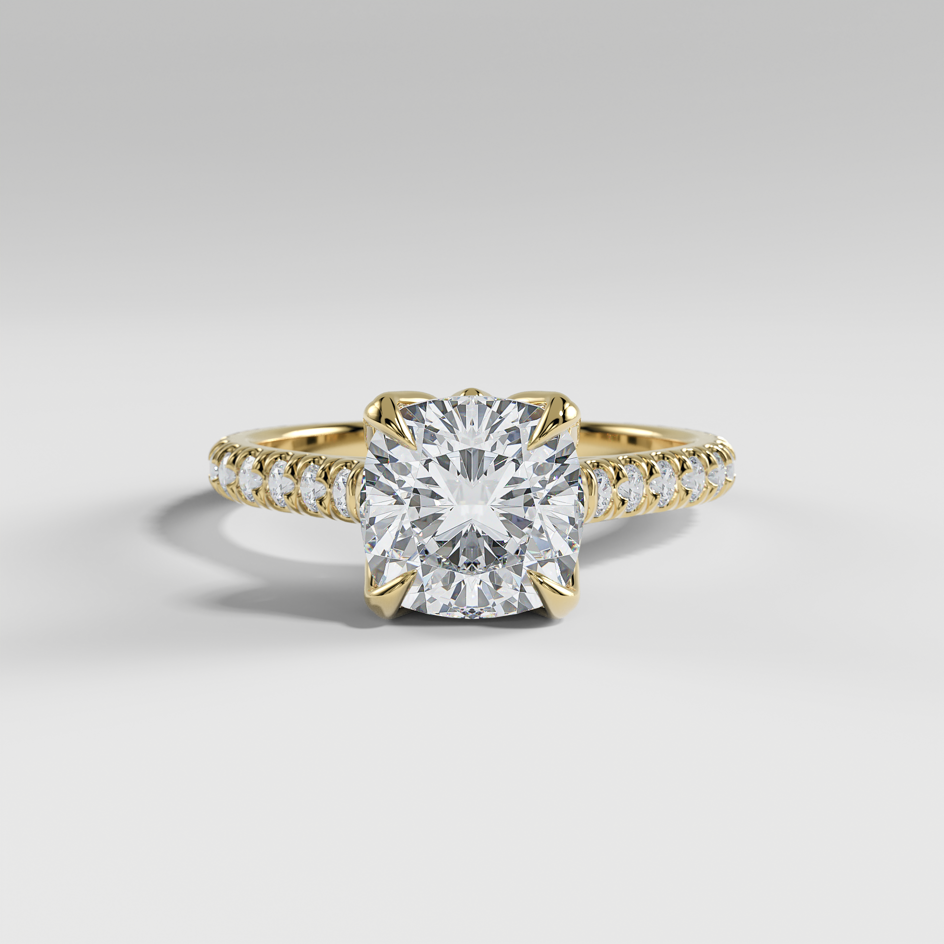 VIOLET - Cushion Solitaire Engagement Ring with Pavé Diamond Cathedral Band and Lotus Basket