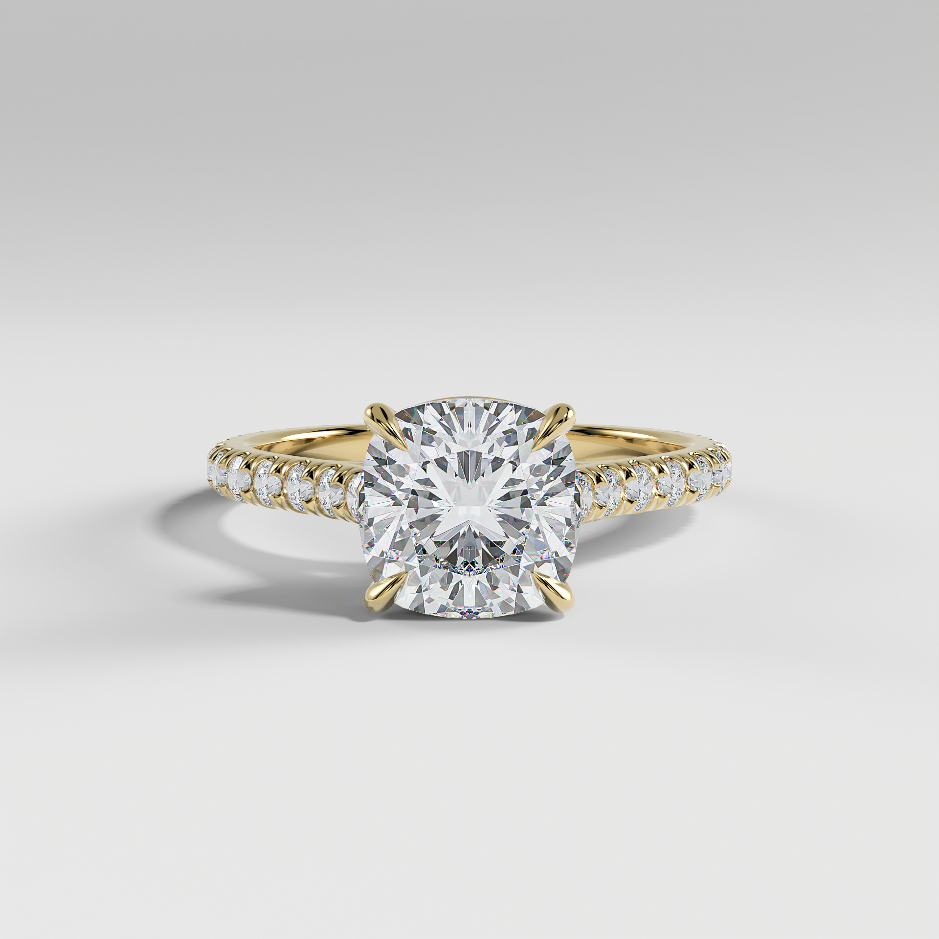 CHARLOTTE - Cushion Solitaire Engagement Ring with Pavé, Cathedral Band, and Hidden Halo