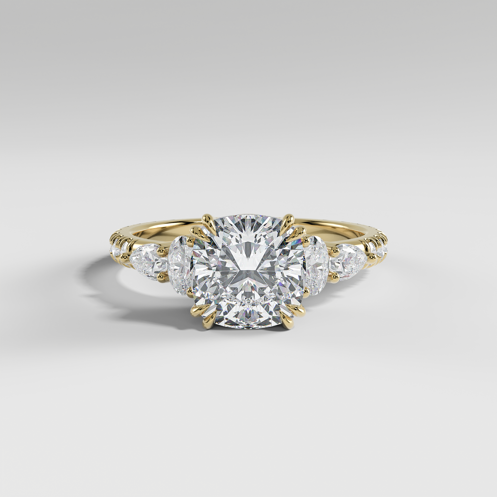 ELEANOR - Cushion Five-Stone Diamond Ring with Oval & Pear Side Stones and Pavé Band