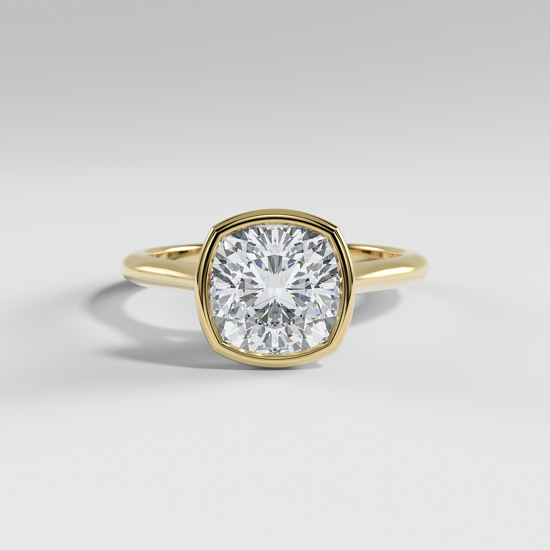 SCARLETT - Cushion Solitaire Engagement Ring with Full Bezel Setting and Polished Cathedral Band