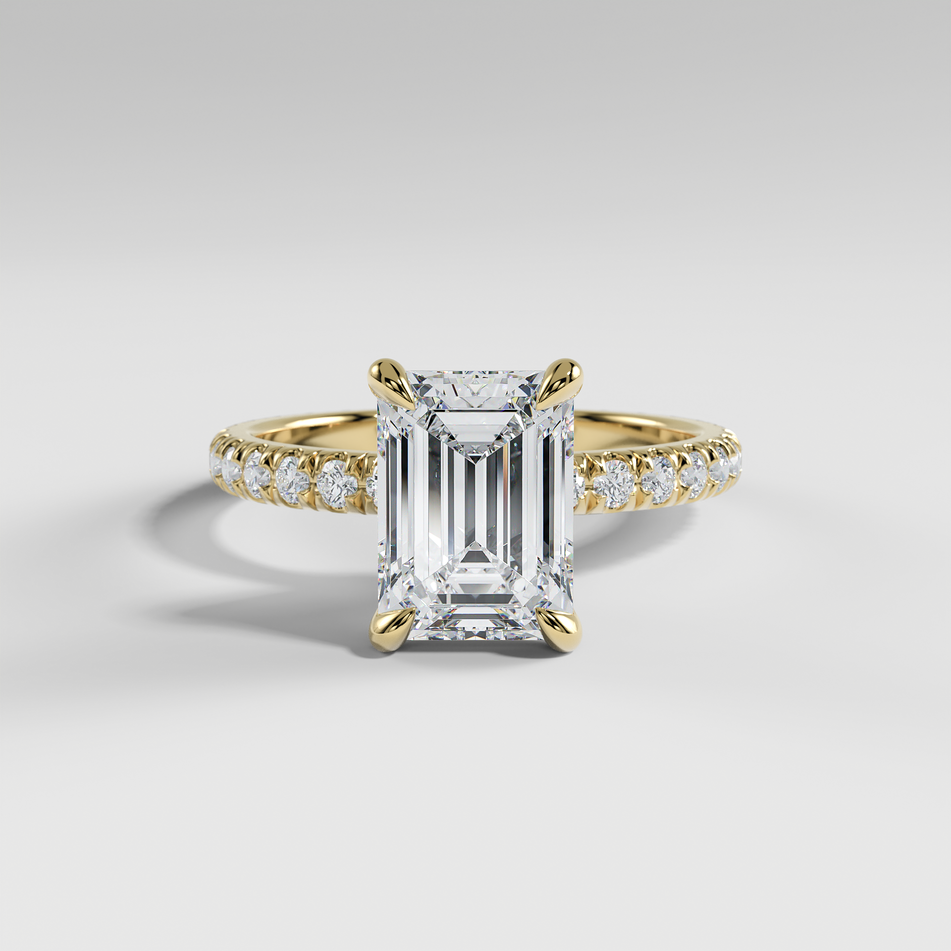 GRACE - Emerald Solitaire Engagement Ring with Pavé Diamond Band and Open Basket Setting