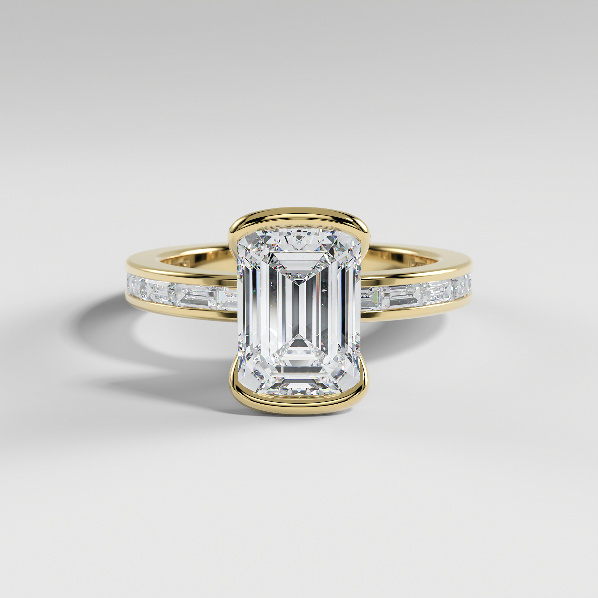 ADDISON - Emerald Solitaire Engagement Ring with Half Bezel Setting and Channel Set Baguette Band
