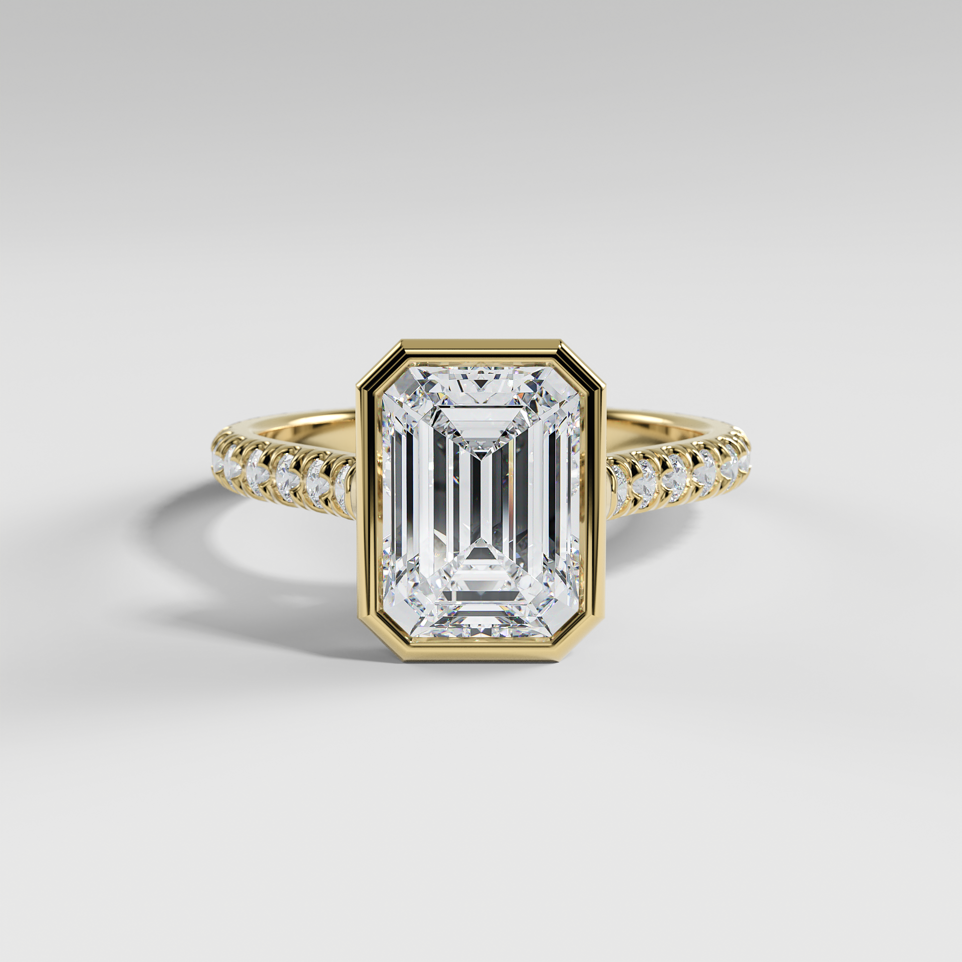 ABIGAIL - Emerald Solitaire Engagement Ring with Pavé Diamond Cathedral Band and Full Bezel Setting