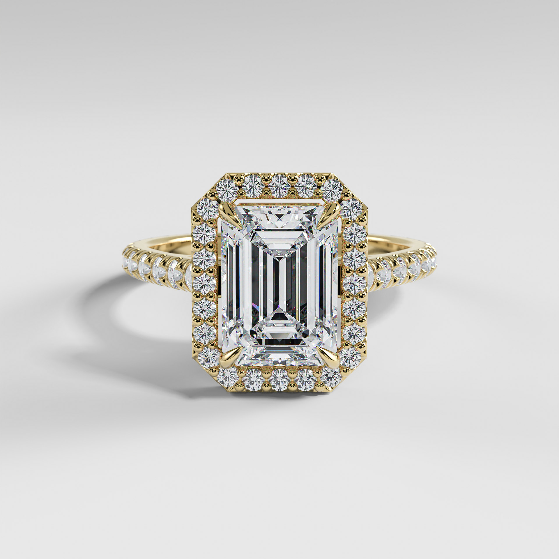 SOFIA - Emerald Halo Engagement Ring with Pavé Diamond Cathedral Band