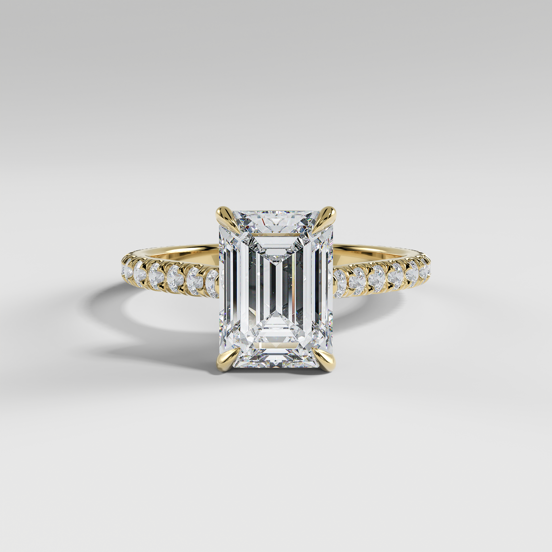 CHARLOTTE - Emerald Solitaire Engagement Ring with Pavé, Cathedral Band, and Hidden Halo