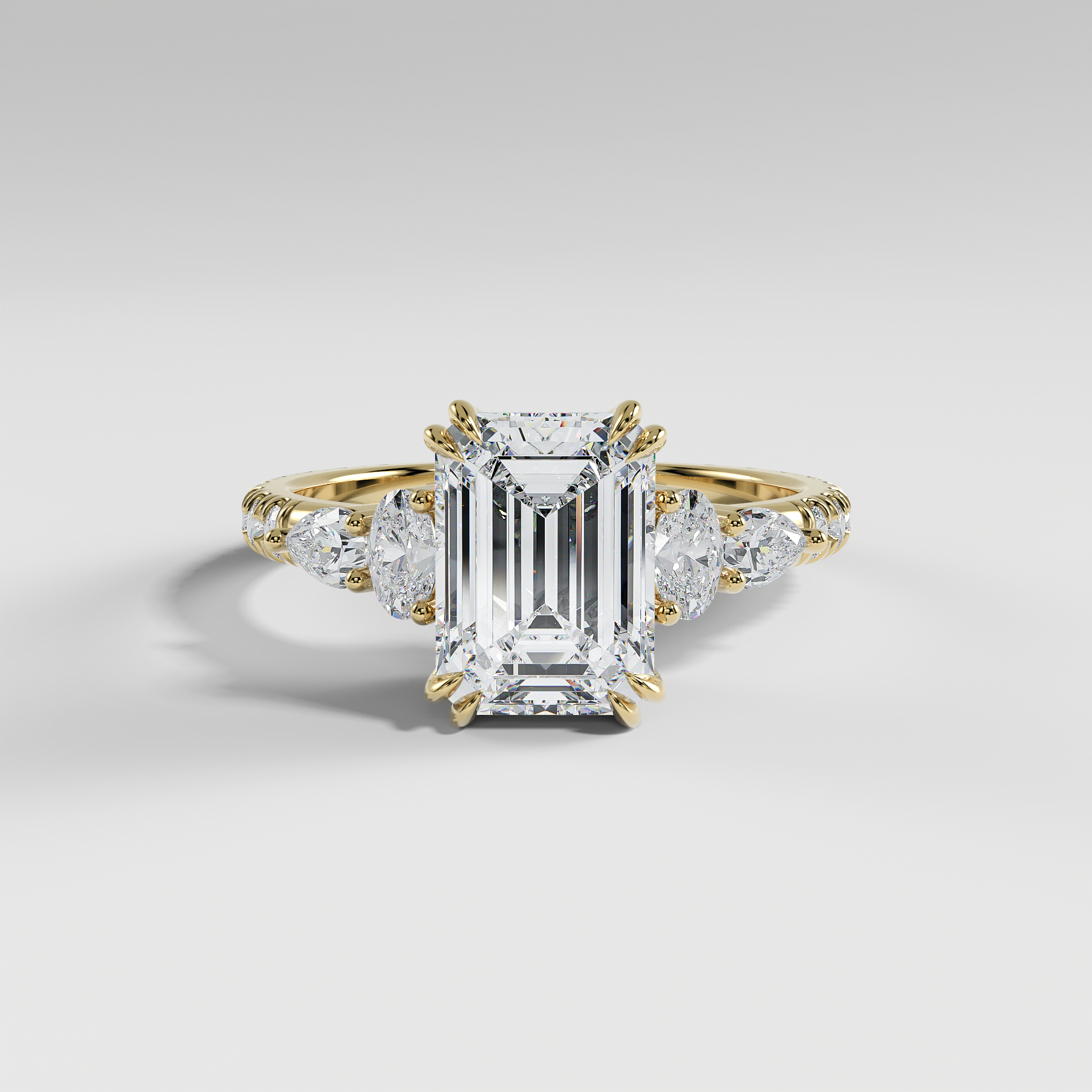 ELEANOR - Emerald Five-Stone Diamond Ring with Oval & Pear Side Stones and Pavé Band