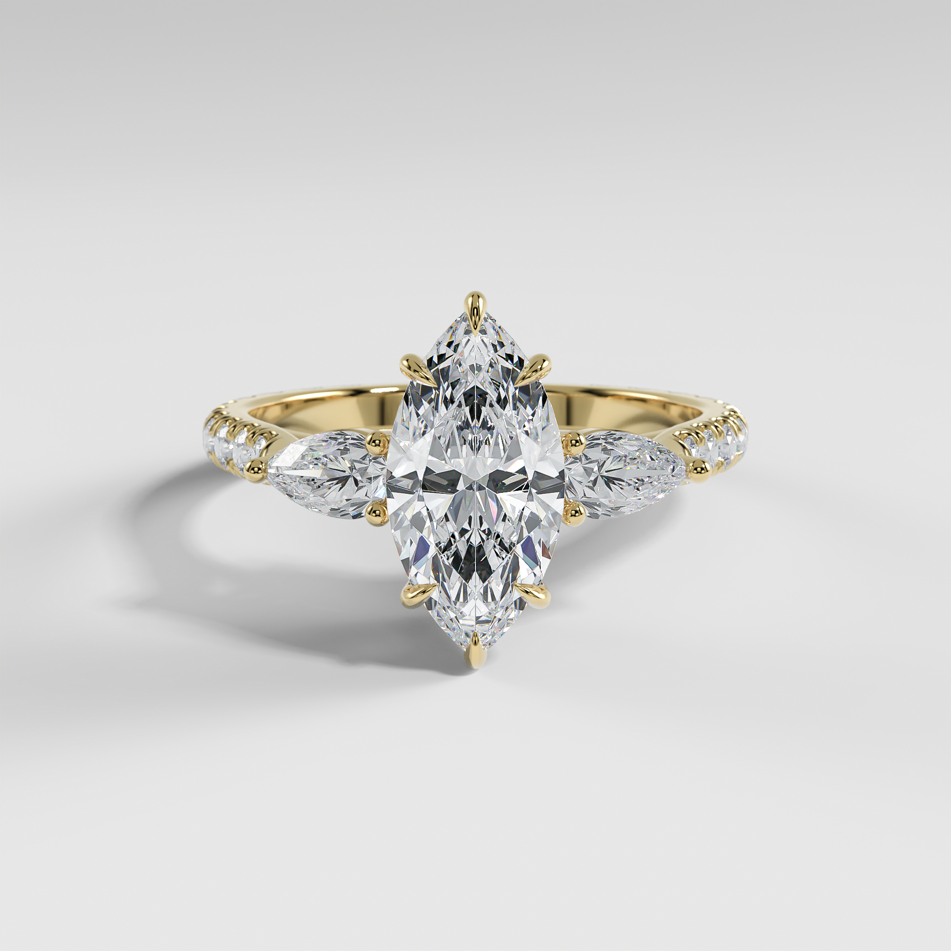 ISLA - Marquise Three-Stone Engagement Ring with Pear Side Stones and Pavé Cathedral Band