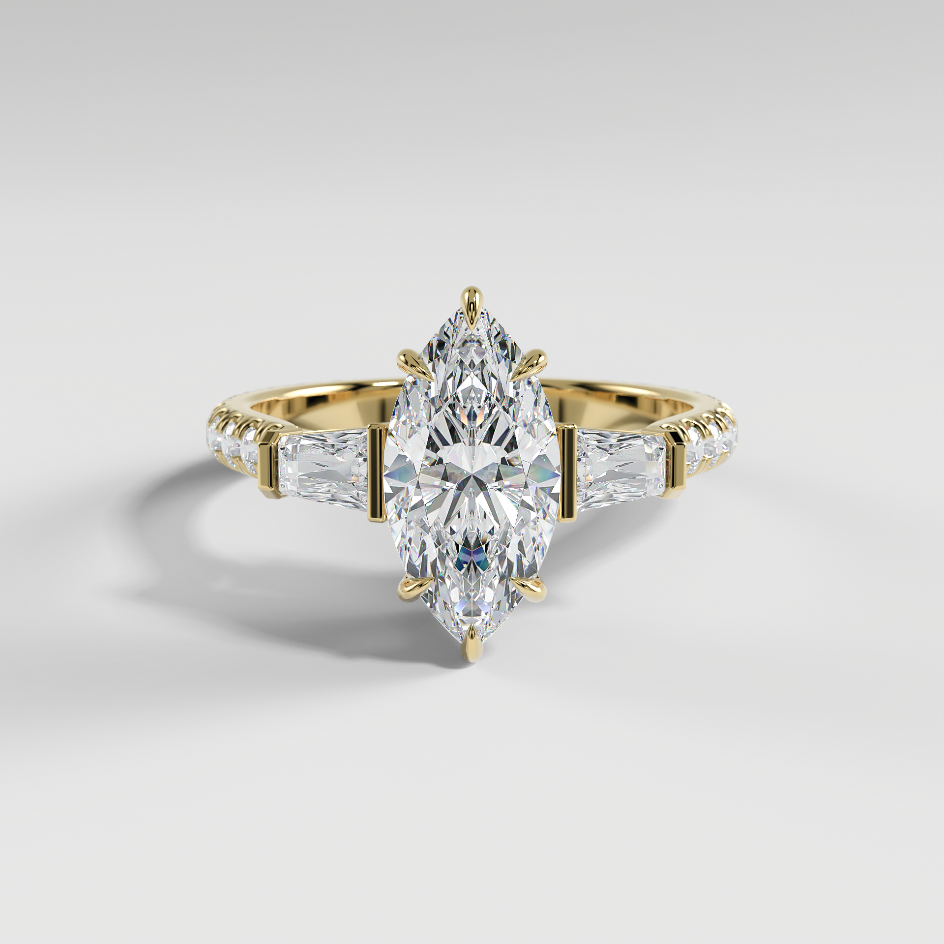 IVY - Marquise Three-Stone Engagement Ring with Tapered Baguette Side Stones and Pavé Cathedral Band
