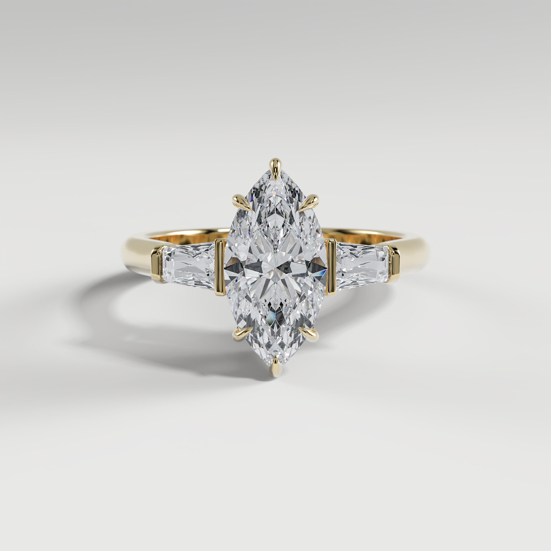 LILY - Marquise Three-Stone Engagement Ring with Tapered Baguette Side Stones and Polished Cathedral Band