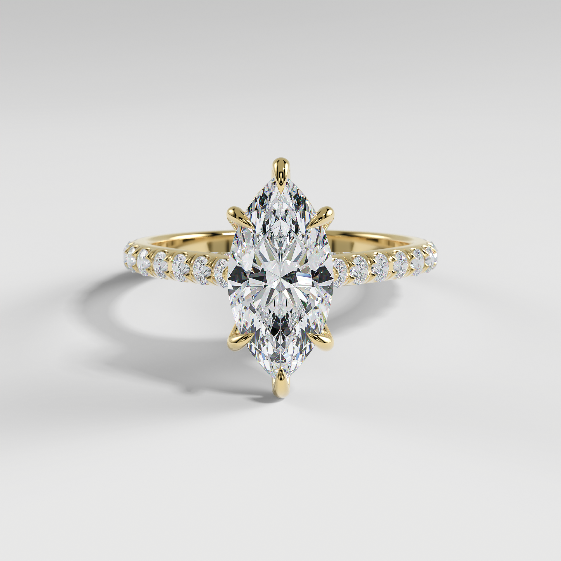 LUCY - Marquise Solitaire Engagement Ring with Pavé, Cathedral Band, Hidden Halo, and Pavé Bridge