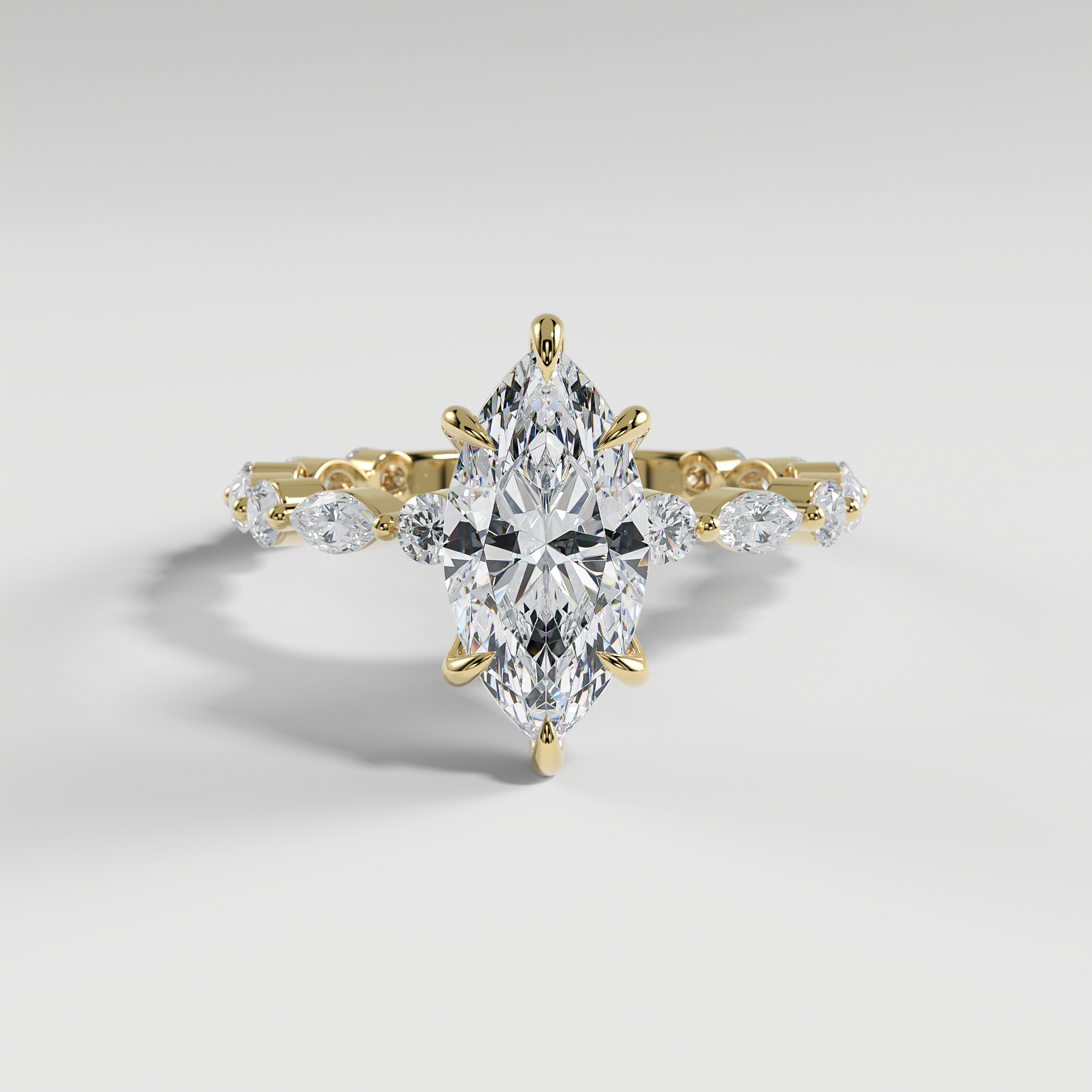 HANNAH - Marquise Solitaire Engagement Ring with Marquise & Round Accent Stones and Hidden Halo