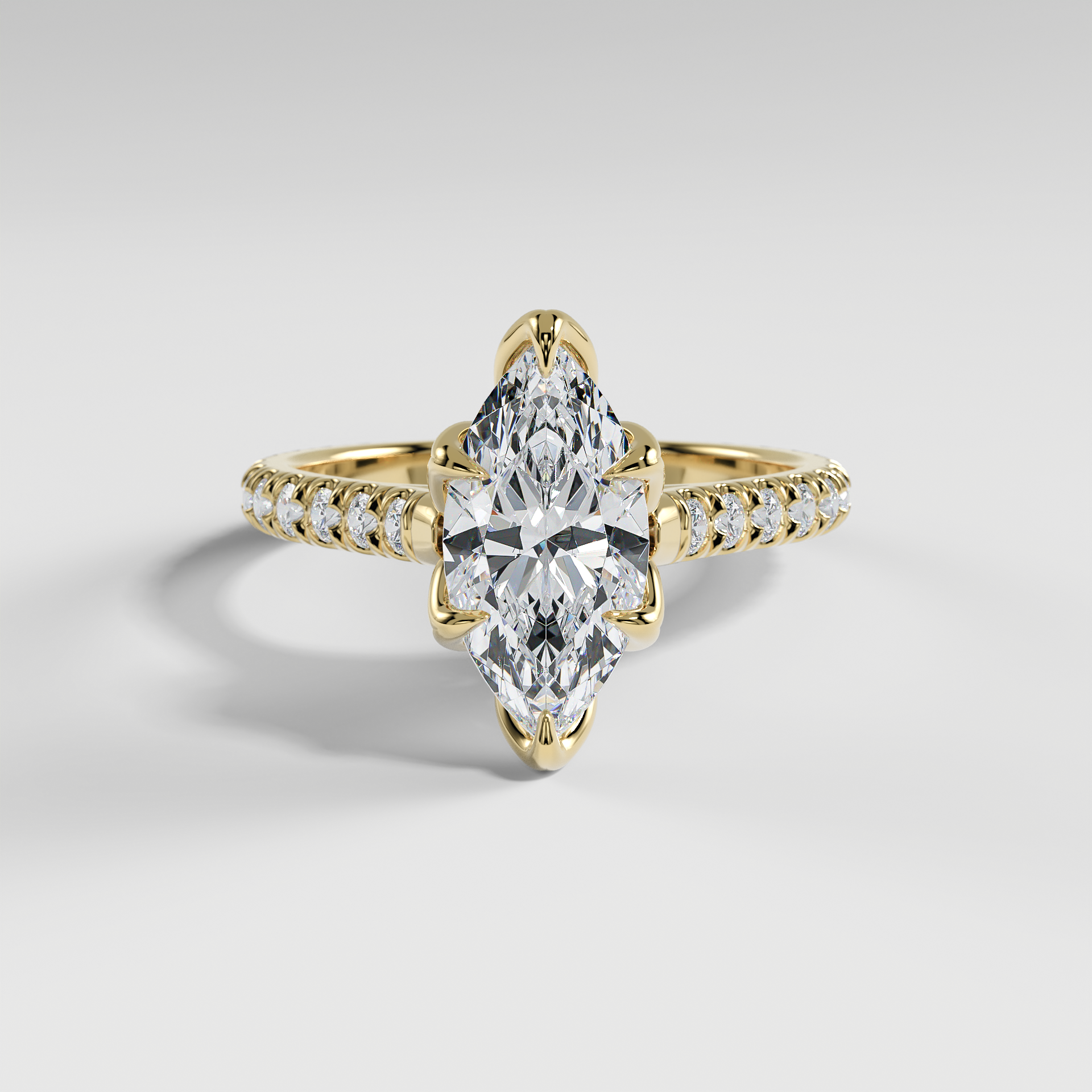 VIOLET - Marquise Solitaire Engagement Ring with Pavé Diamond Cathedral Band and Lotus Basket