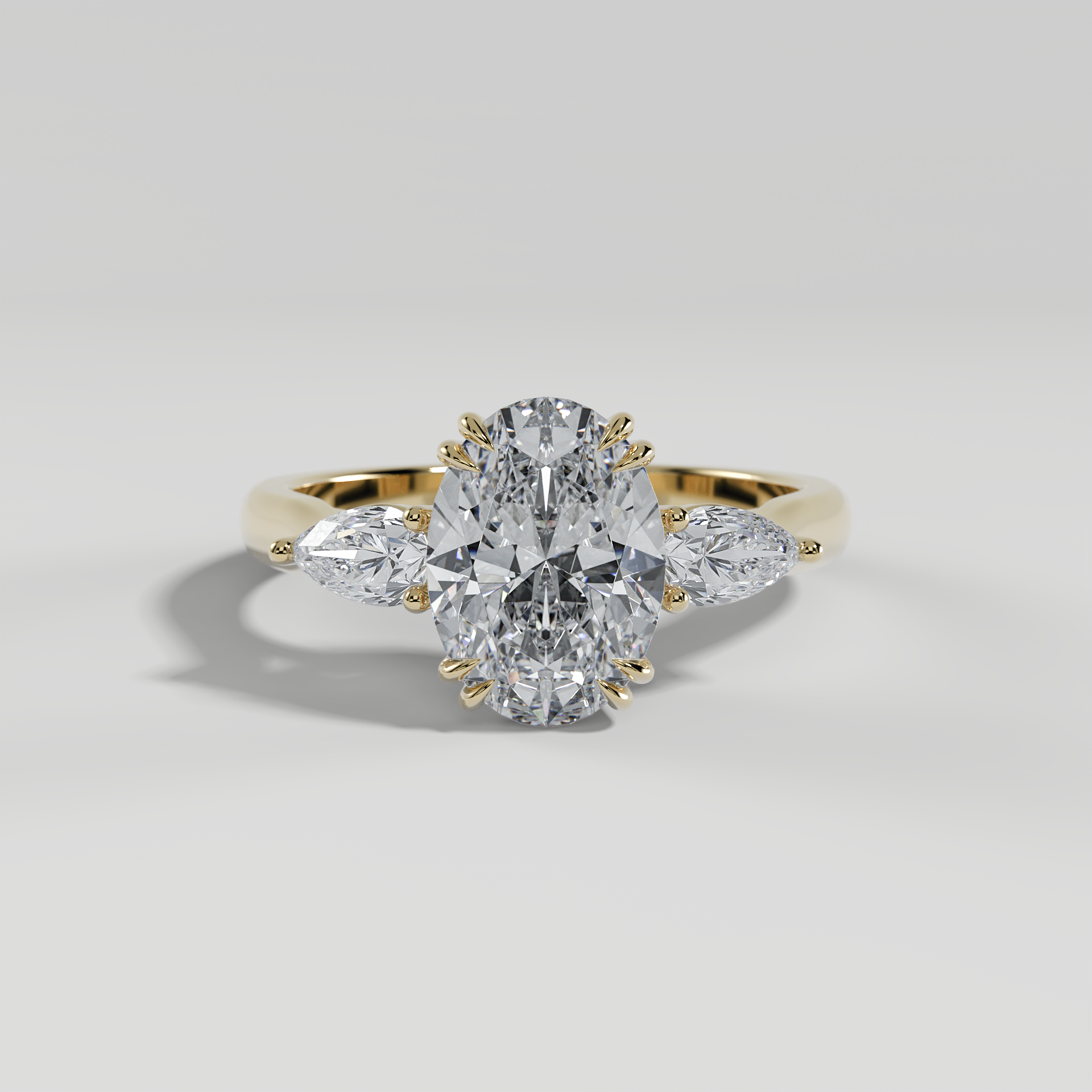 HAZEL - Oval Three-Stone Engagement Ring with Pear Side Stones and Polished Cathedral Band