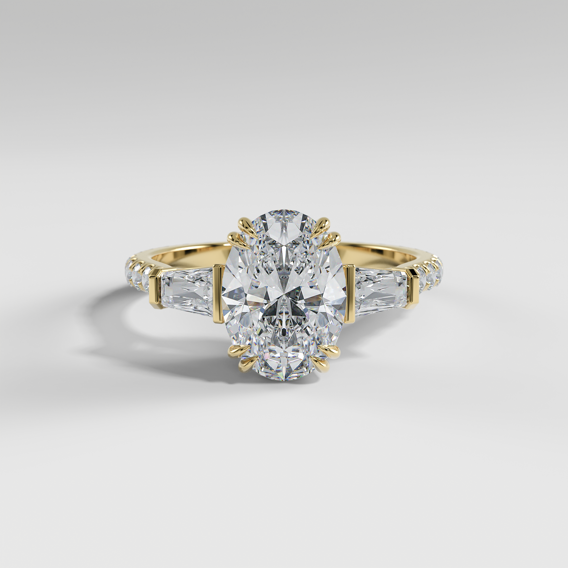 IVY - Oval Three-Stone Engagement Ring with Tapered Baguette Side Stones and Pavé Cathedral Band