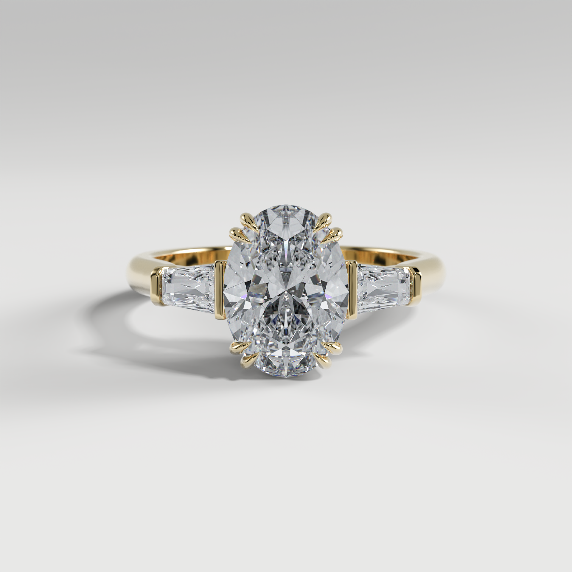 LILY - Oval Three-Stone Engagement Ring with Tapered Baguette Side Stones and Polished Cathedral Band