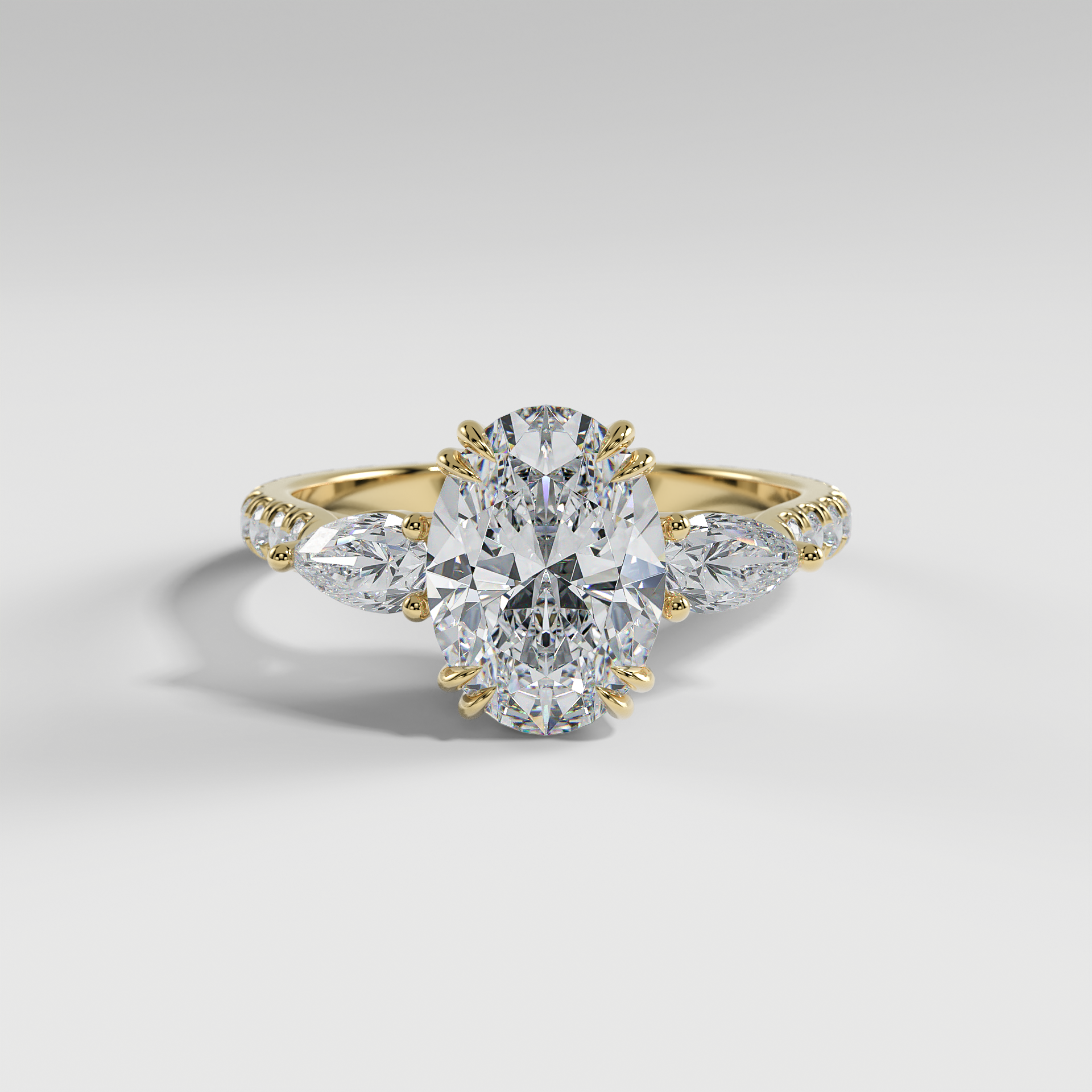 ISLA - Oval Three-Stone Engagement Ring with Pear Side Stones and Pavé Cathedral Band