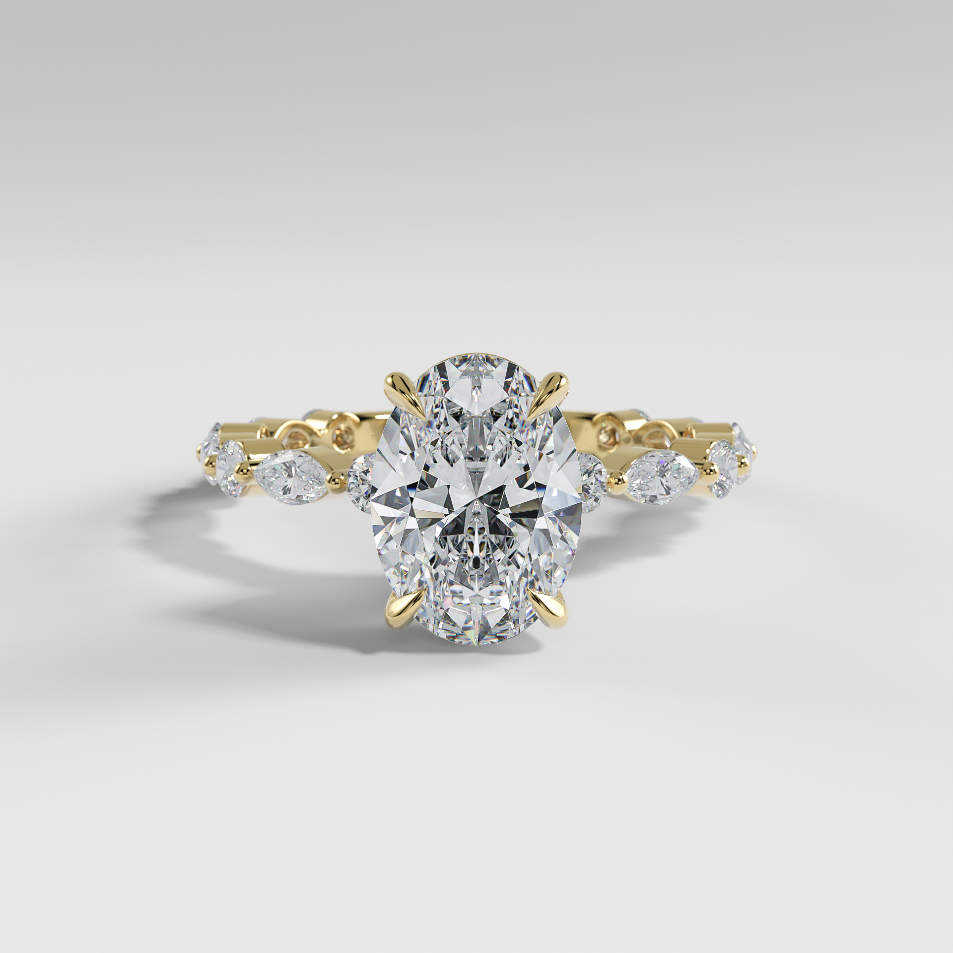 HANNAH - Oval Solitaire Engagement Ring with Marquise & Round Accent Stones and Hidden Halo