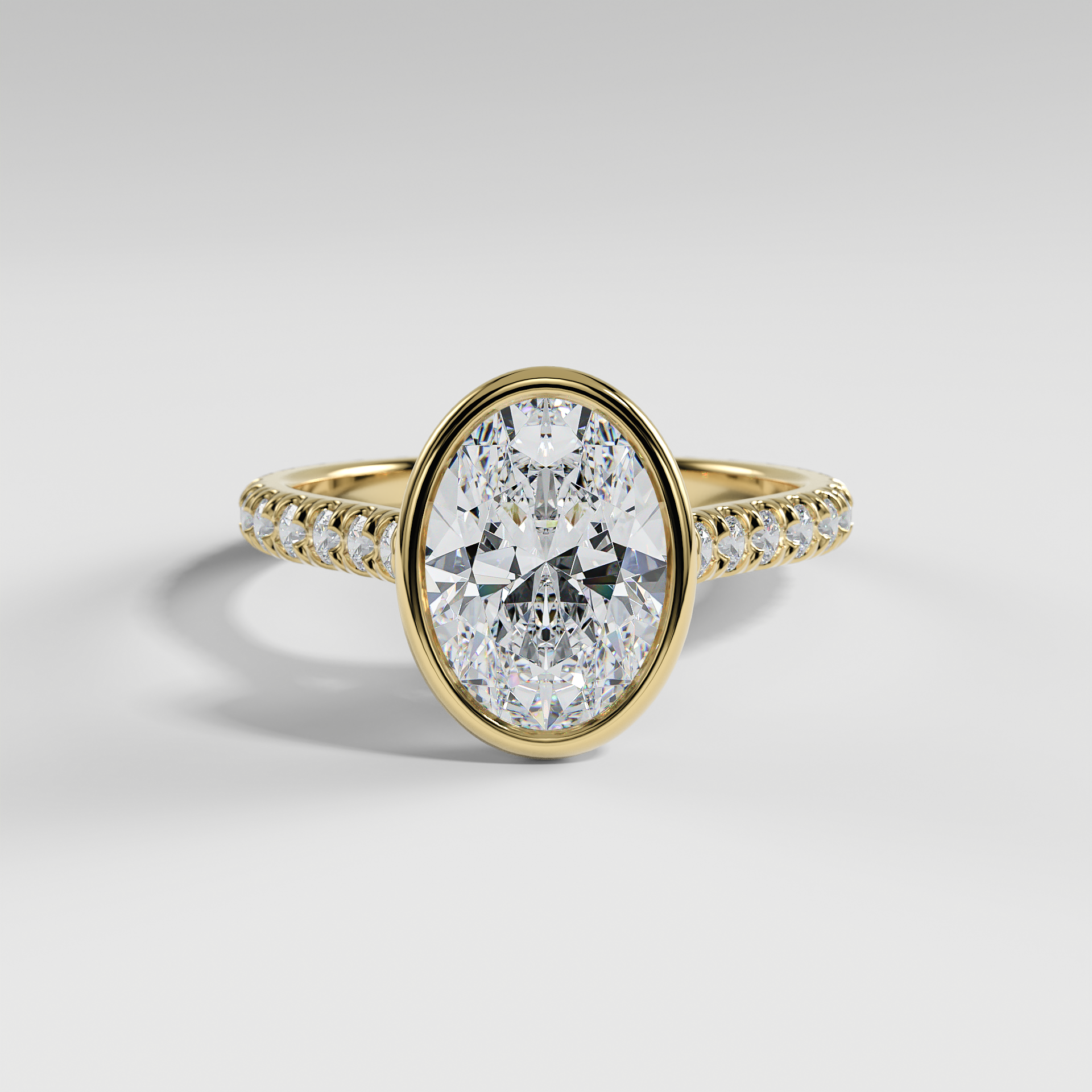 ABIGAIL - Oval Solitaire Engagement Ring with Pavé Diamond Cathedral Band and Full Bezel Setting