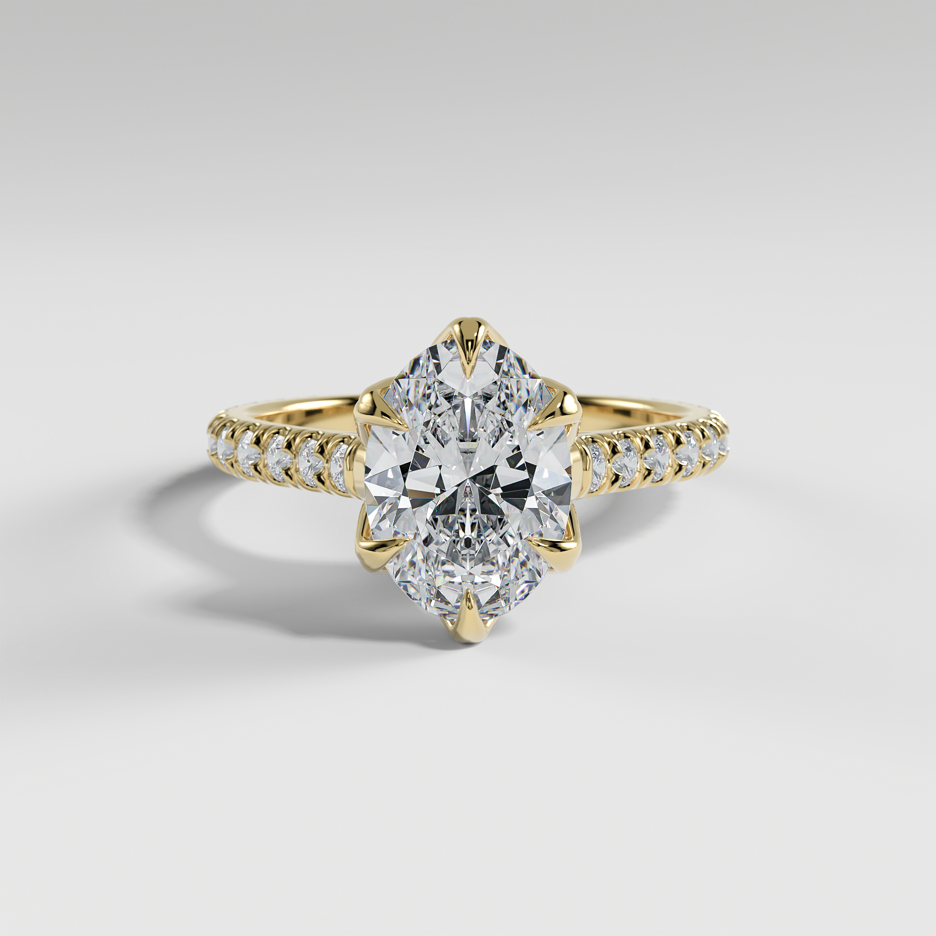 VIOLET - Oval Solitaire Engagement Ring with Pavé Diamond Cathedral Band and Lotus Basket
