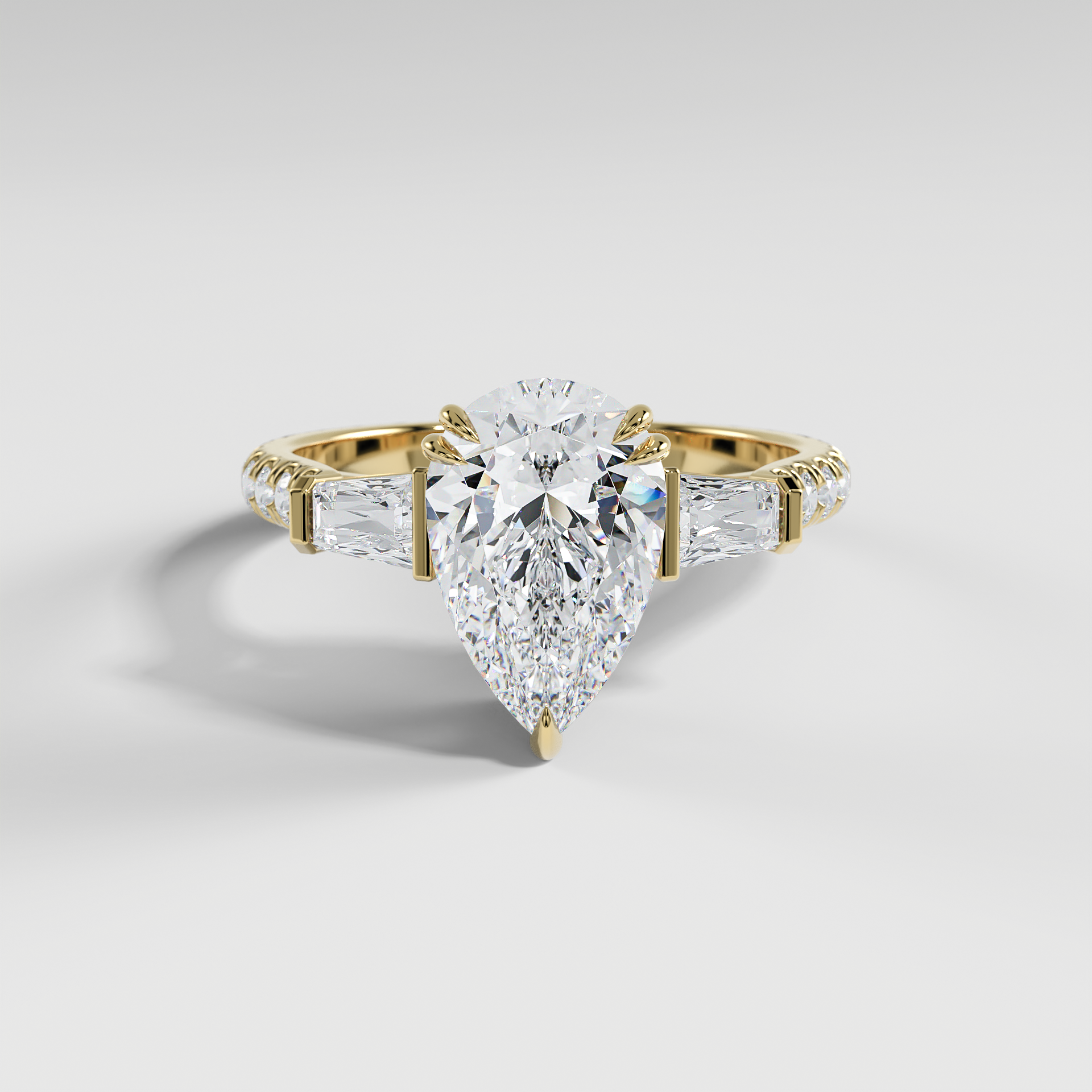 IVY - Pear Three-Stone Engagement Ring with Tapered Baguette Side Stones and Pavé Cathedral Band