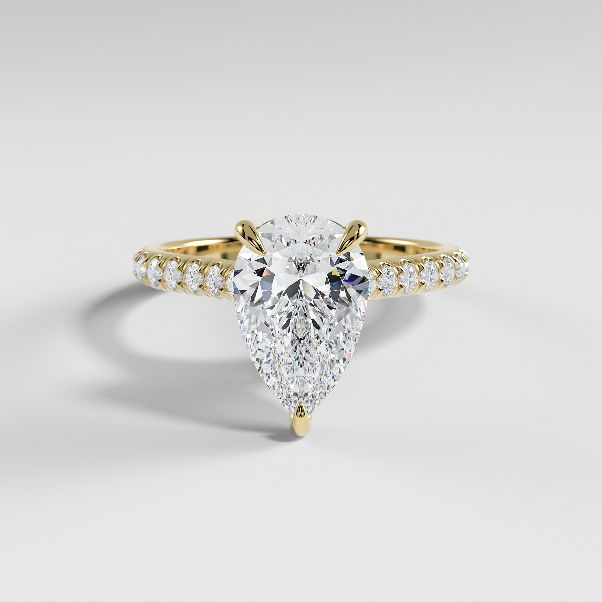 LUCY - Pear Solitaire Engagement Ring with Pavé, Cathedral Band, Hidden Halo, and Pavé Bridge