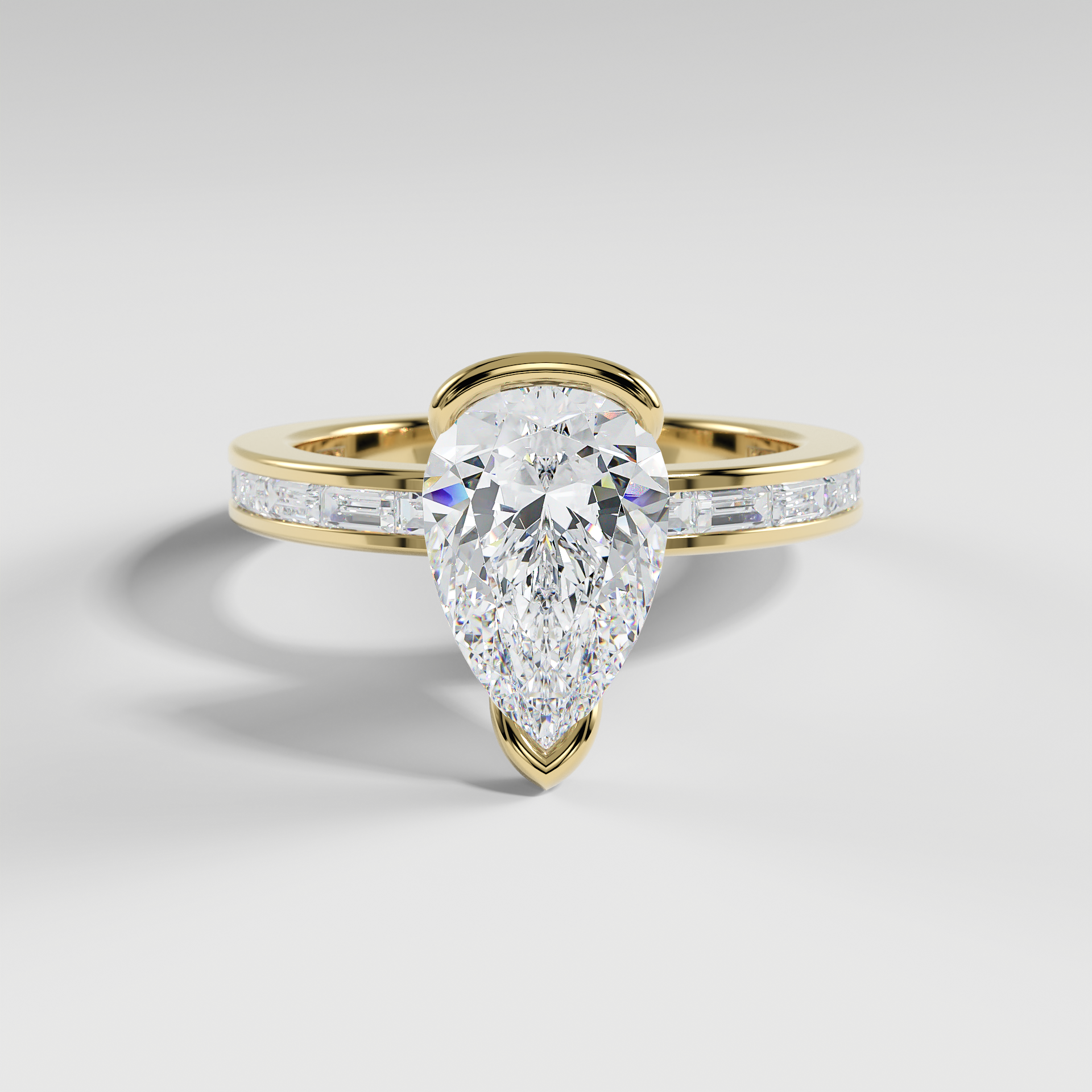 ADDISON - Pear Solitaire Engagement Ring with Half Bezel Setting and Channel Set Baguette Band