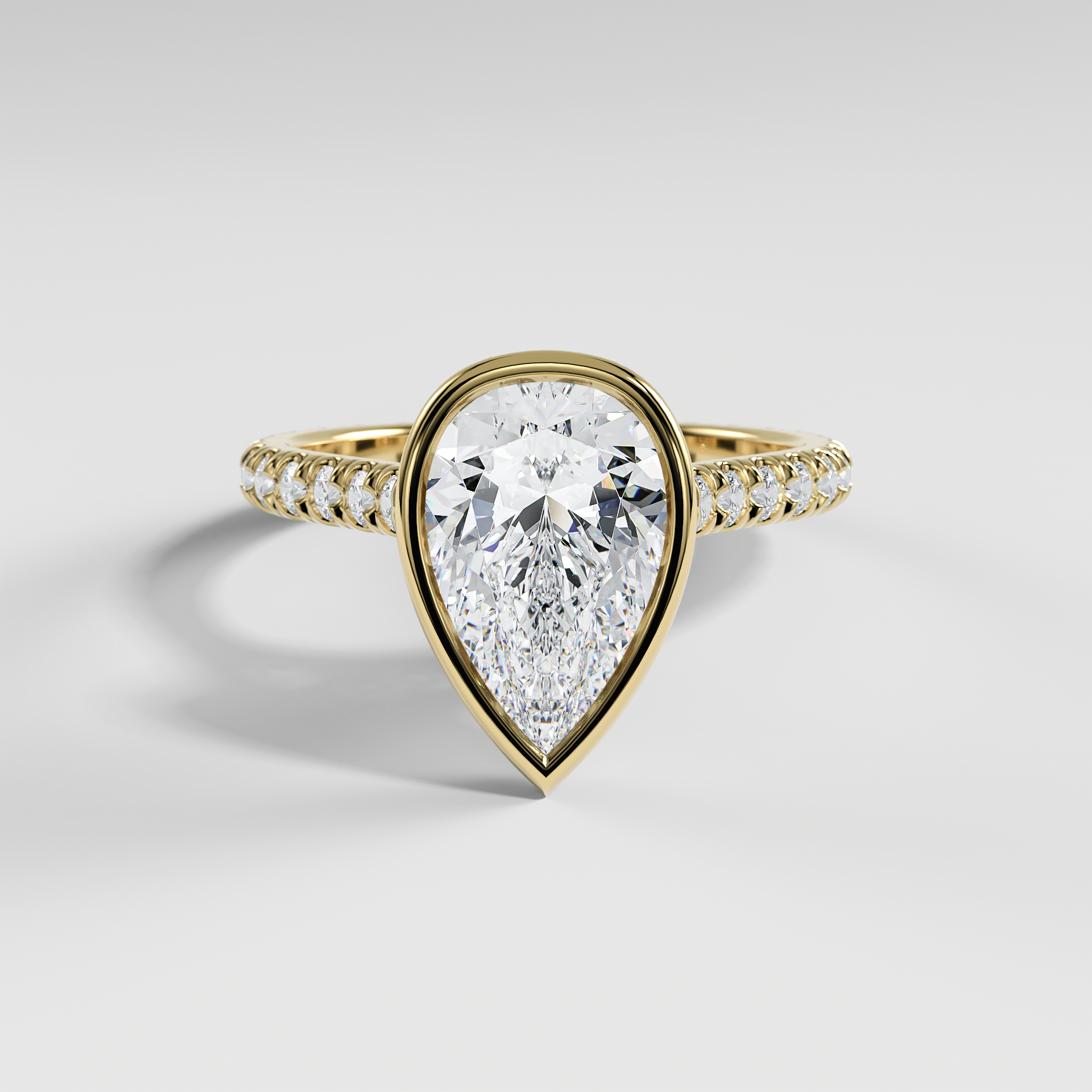 ABIGAIL - Pear Solitaire Engagement Ring with Pavé Diamond Cathedral Band and Full Bezel Setting
