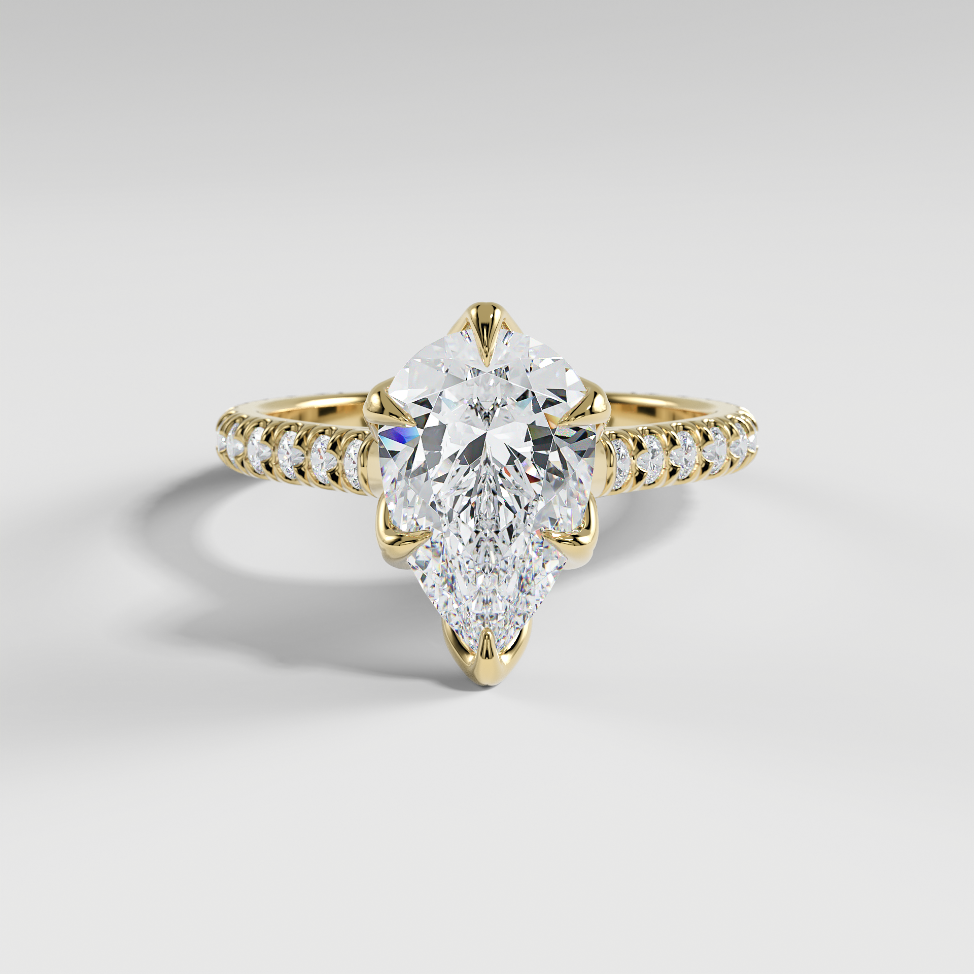 VIOLET - Pear Solitaire Engagement Ring with Pavé Diamond Cathedral Band and Lotus Basket