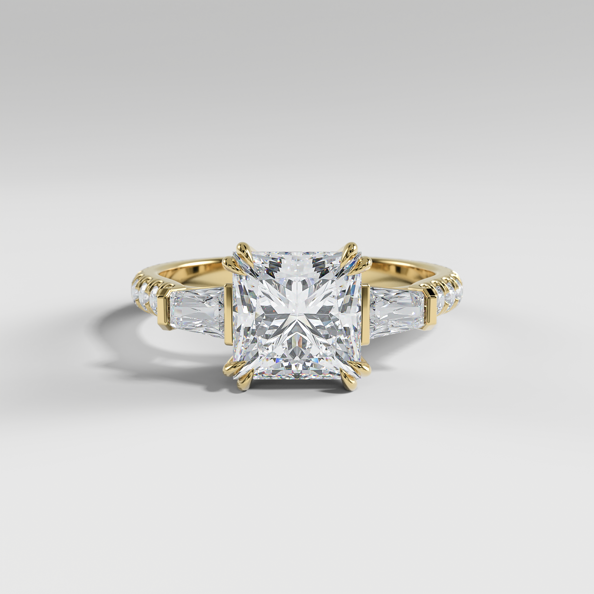 IVY - Princess Three-Stone Engagement Ring with Tapered Baguette Side Stones and Pavé Cathedral Band