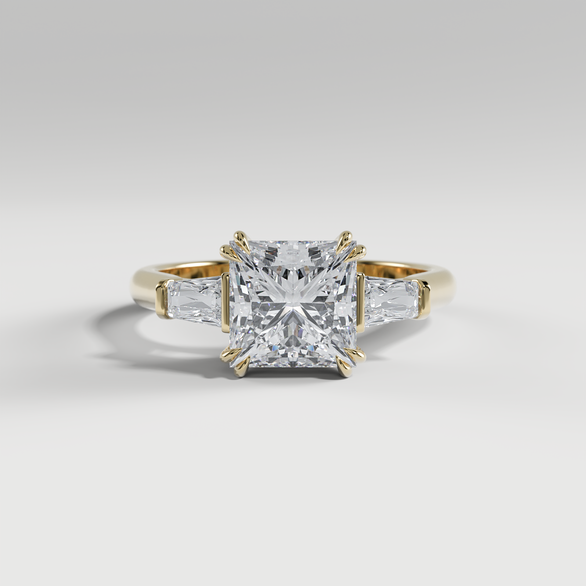 LILY - Princess Three-Stone Engagement Ring with Tapered Baguette Side Stones and Polished Cathedral Band