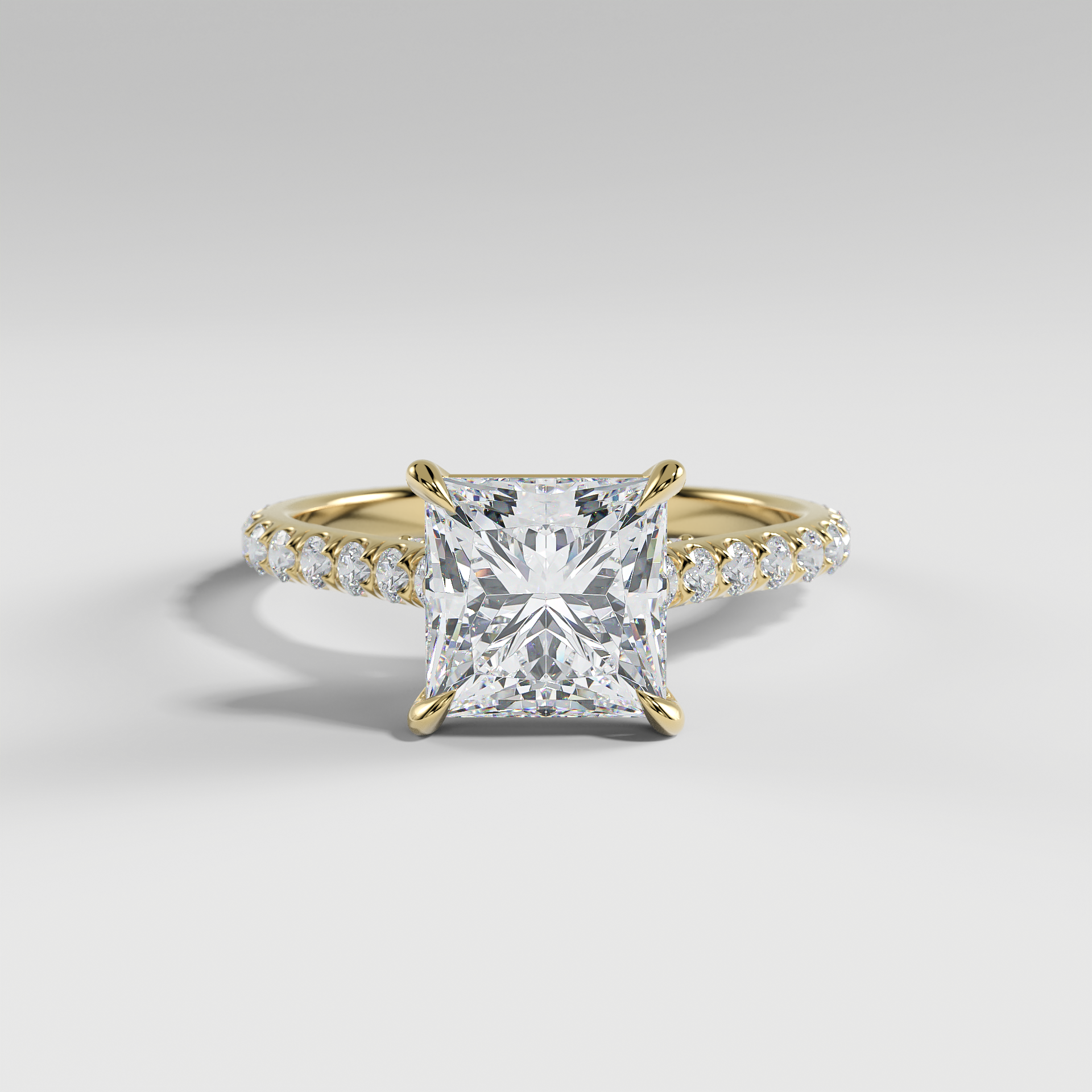 LUCY - Princess Solitaire Engagement Ring with Pavé, Cathedral Band, Hidden Halo, and Pavé Bridge