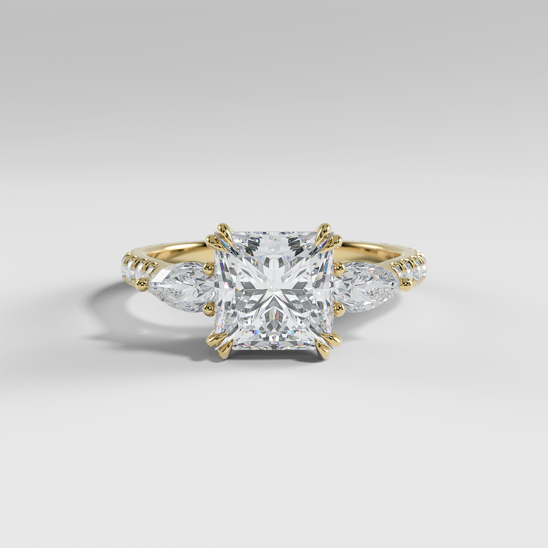 ISLA - Princess Three-Stone Engagement Ring with Pear Side Stones and Pavé Cathedral Band