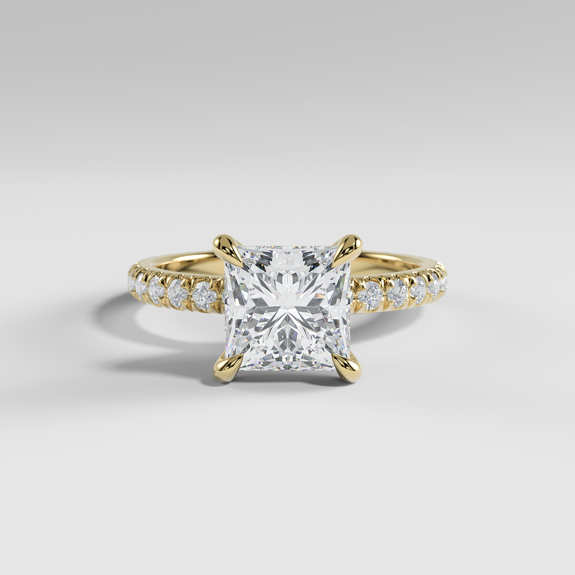 GRACE - Princess Solitaire Engagement Ring with Pavé Diamond Band and Open Basket Setting
