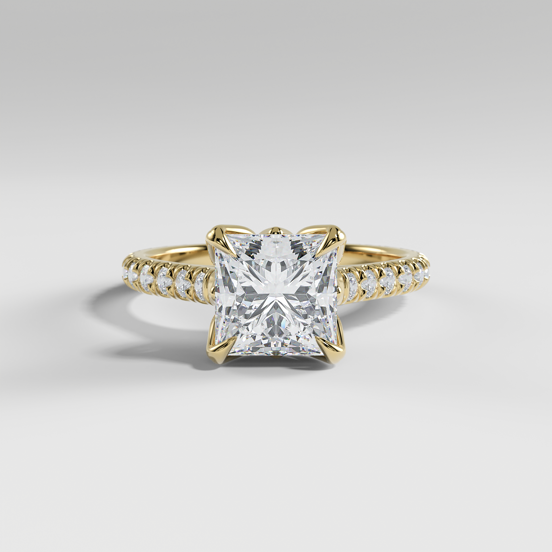 VIOLET - Princess Solitaire Engagement Ring with Pavé Diamond Cathedral Band and Lotus Basket