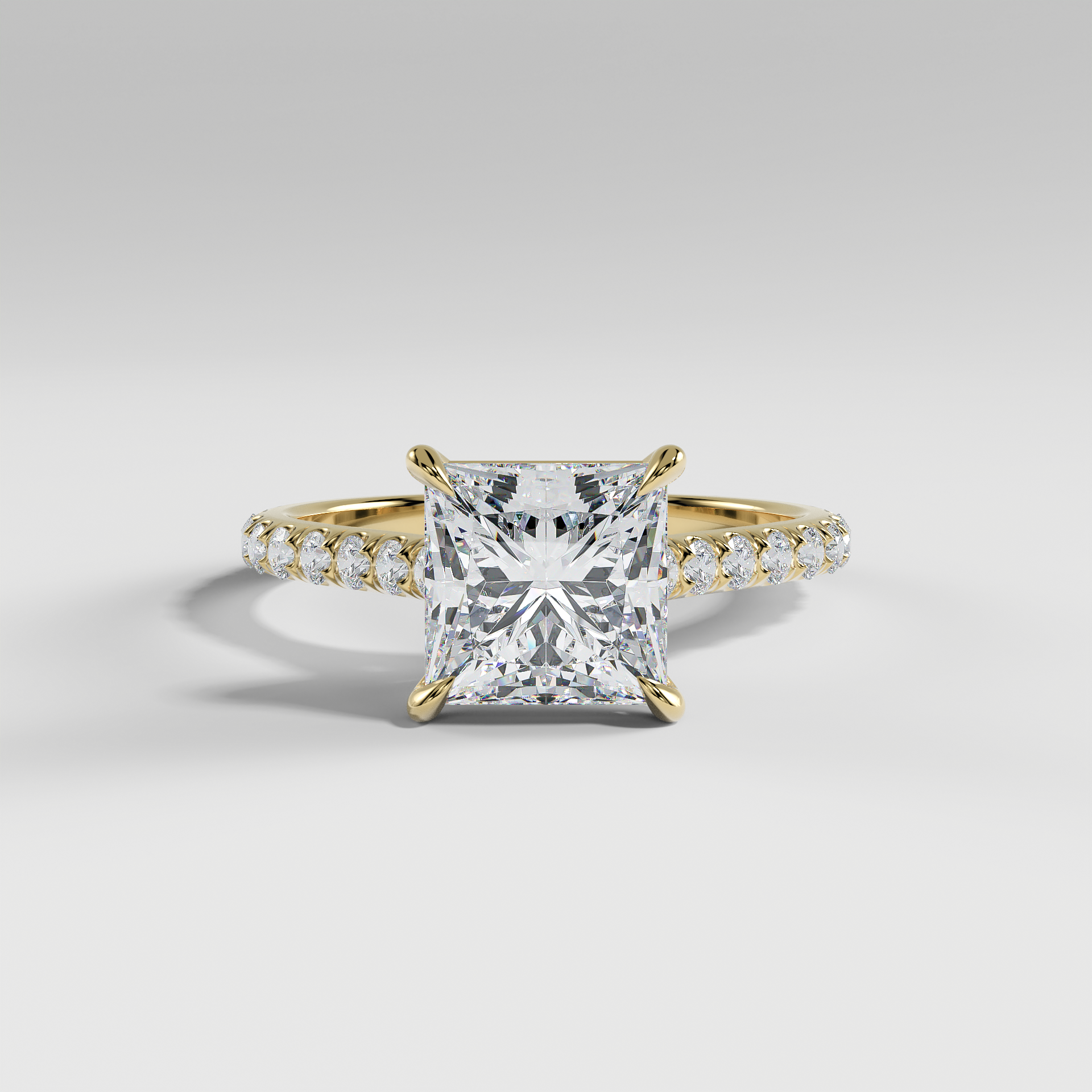 CHARLOTTE - Princess Solitaire Engagement Ring with Pavé, Cathedral Band, and Hidden Halo