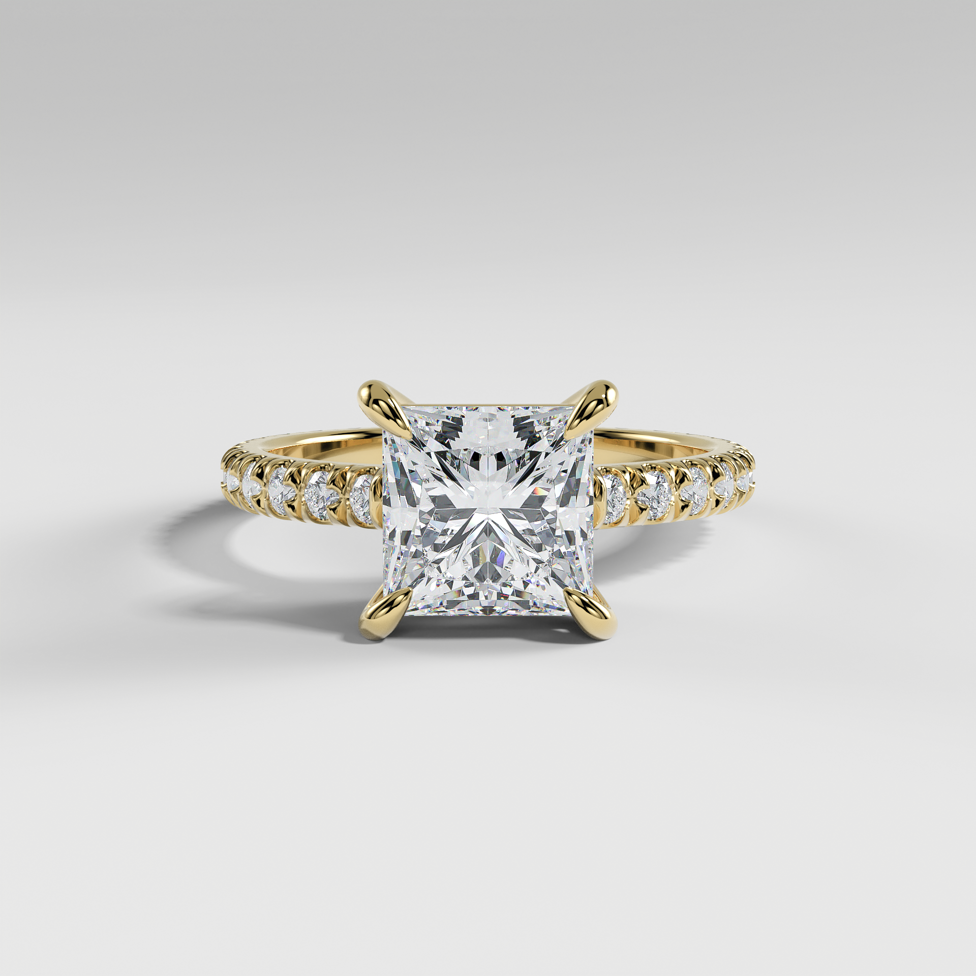 DELILAH - Princess Solitaire Engagement Ring with Pavé Diamond Band and Low-Set Donut Basket
