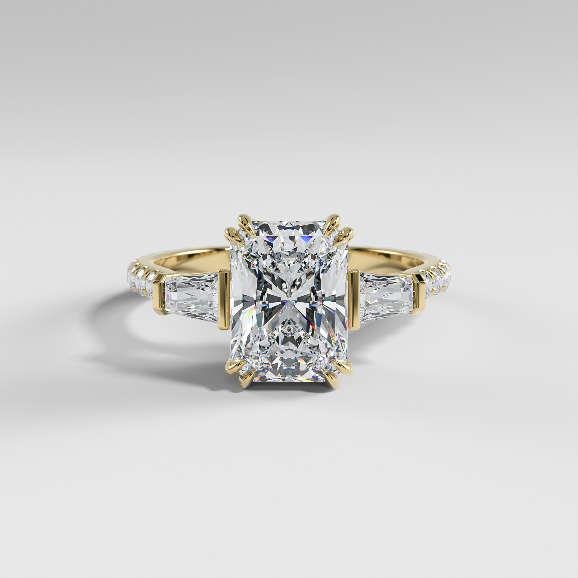 IVY - Radiant Three-Stone Engagement Ring with Tapered Baguette Side Stones and Pavé Cathedral Band