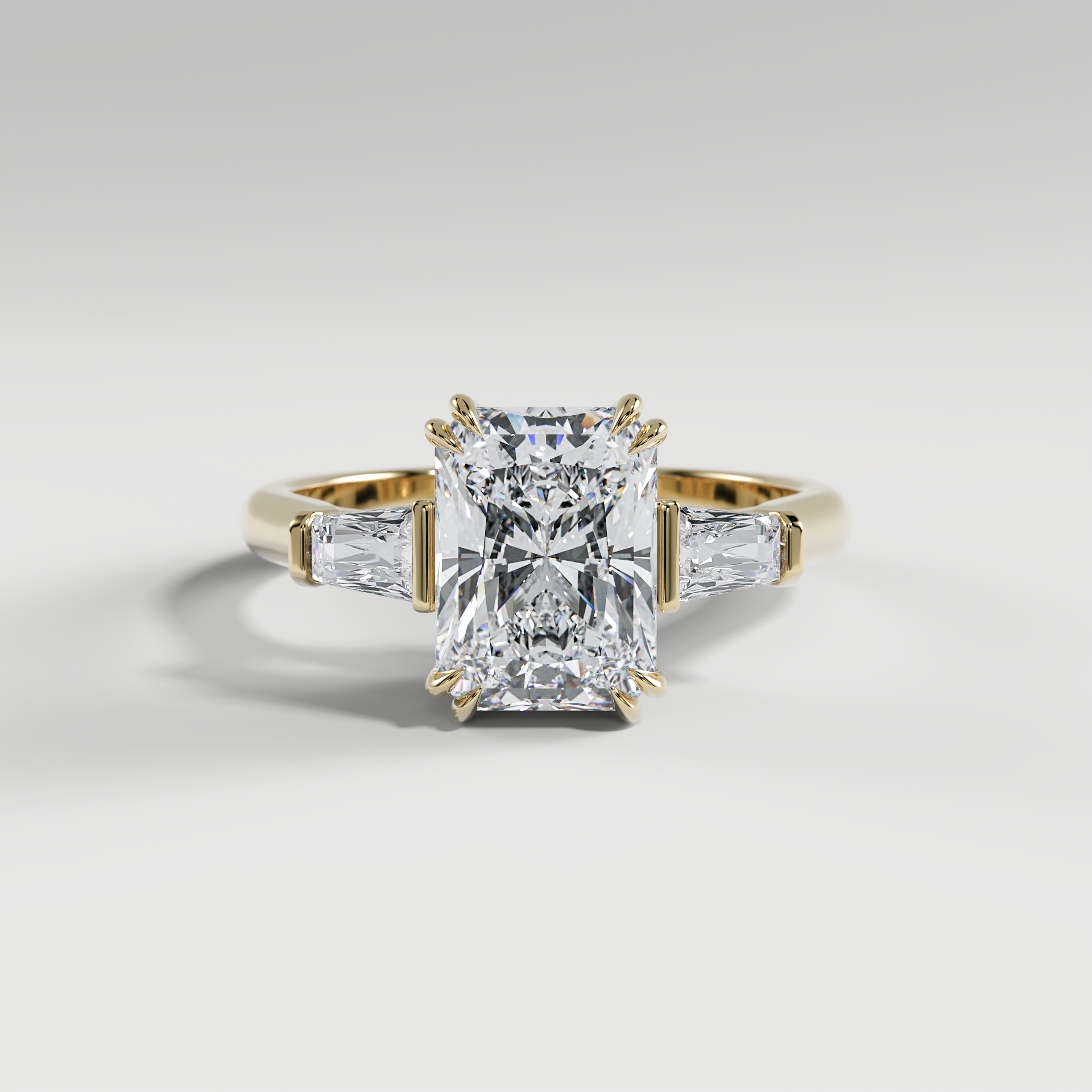 LILY - Radiant Three-Stone Engagement Ring with Tapered Baguette Side Stones and Polished Cathedral Band