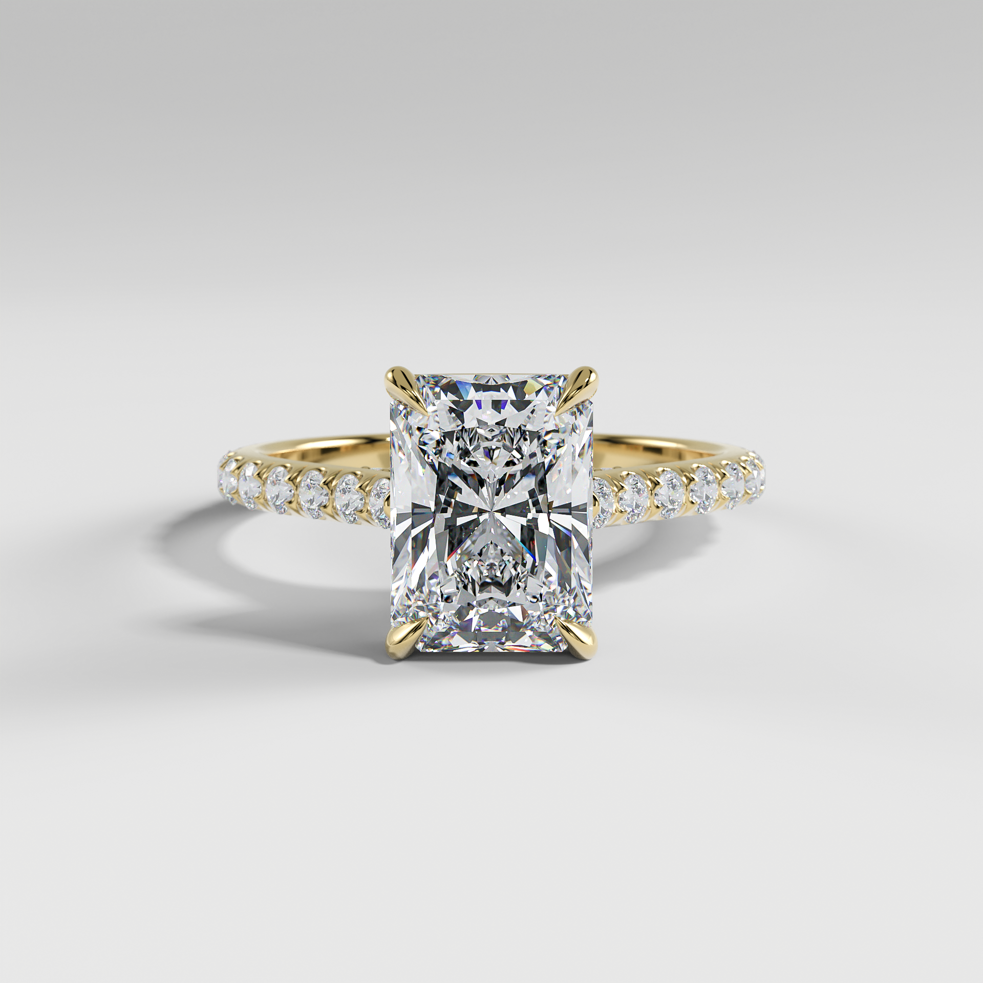 LUCY - Radiant Solitaire Engagement Ring with Pavé, Cathedral Band, Hidden Halo, and Pavé Bridge