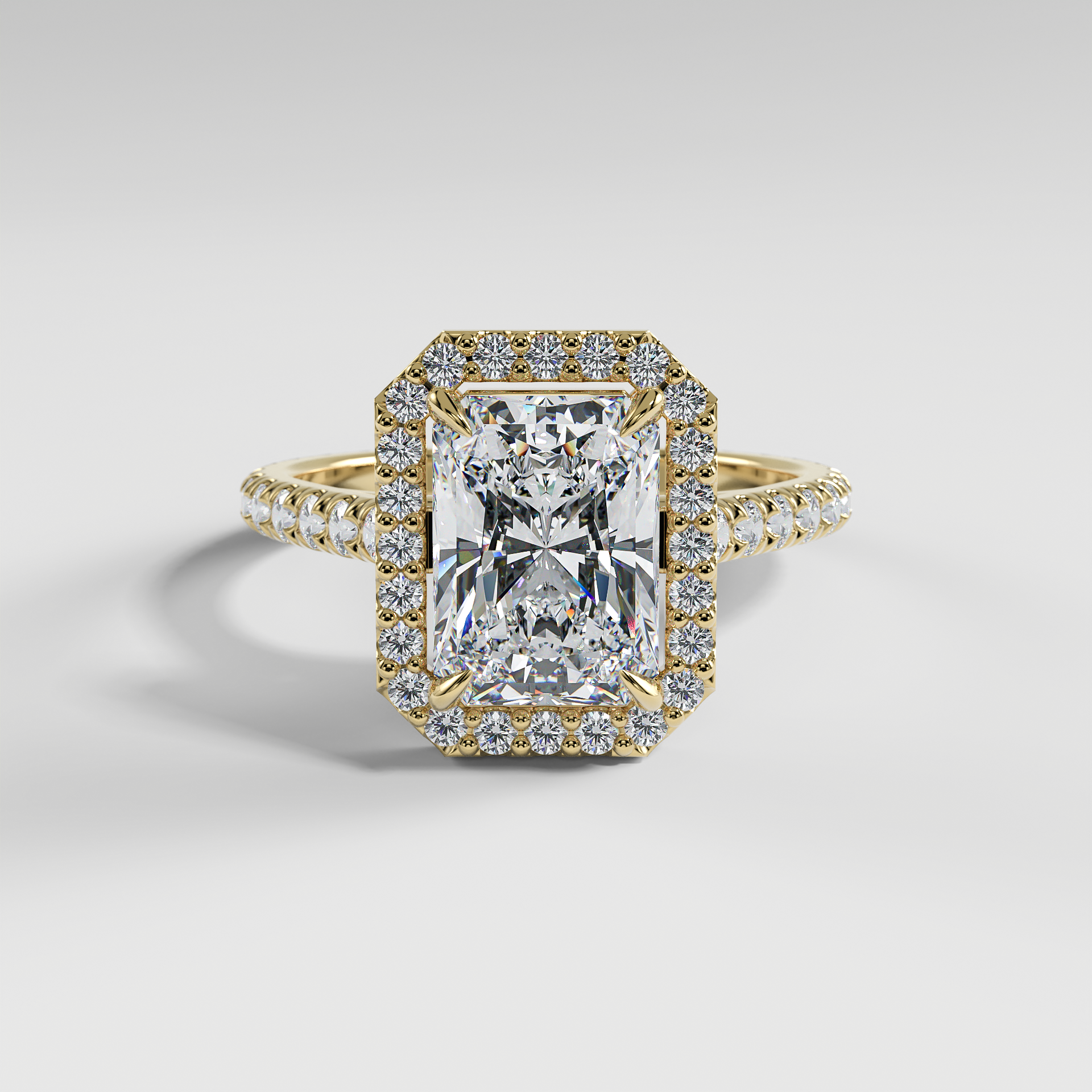 SOFIA - Radiant Halo Engagement Ring with Pavé Diamond Cathedral Band