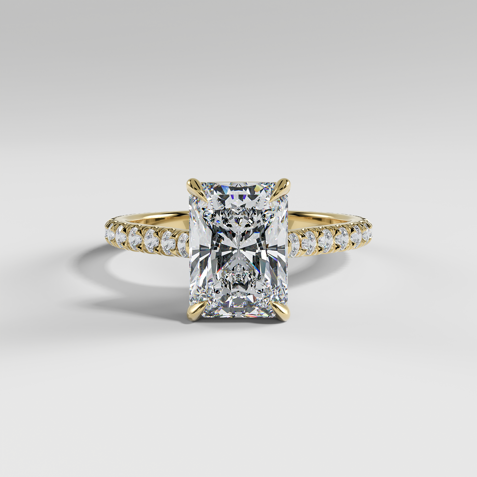 CHARLOTTE - Radiant Solitaire Engagement Ring with Pavé, Cathedral Band, and Hidden Halo