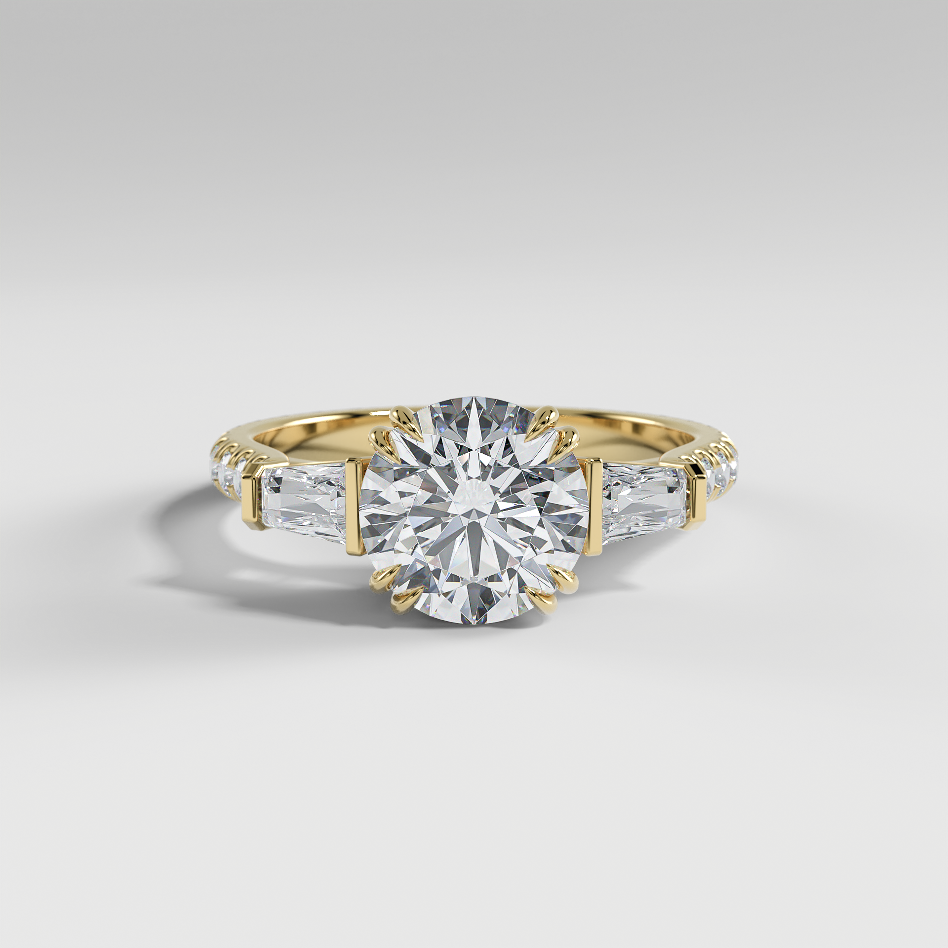 IVY - Round Three-Stone Engagement Ring with Tapered Baguette Side Stones and Pavé Cathedral Band