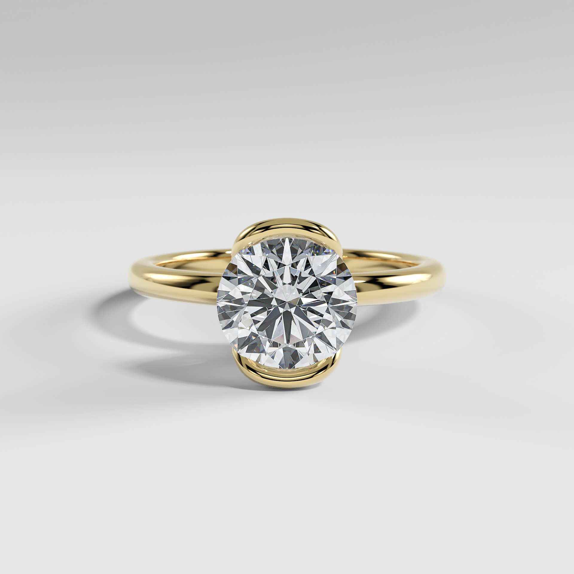 POPPY - Round Solitaire Engagement Ring with Half Bezel Setting and Polished Band
