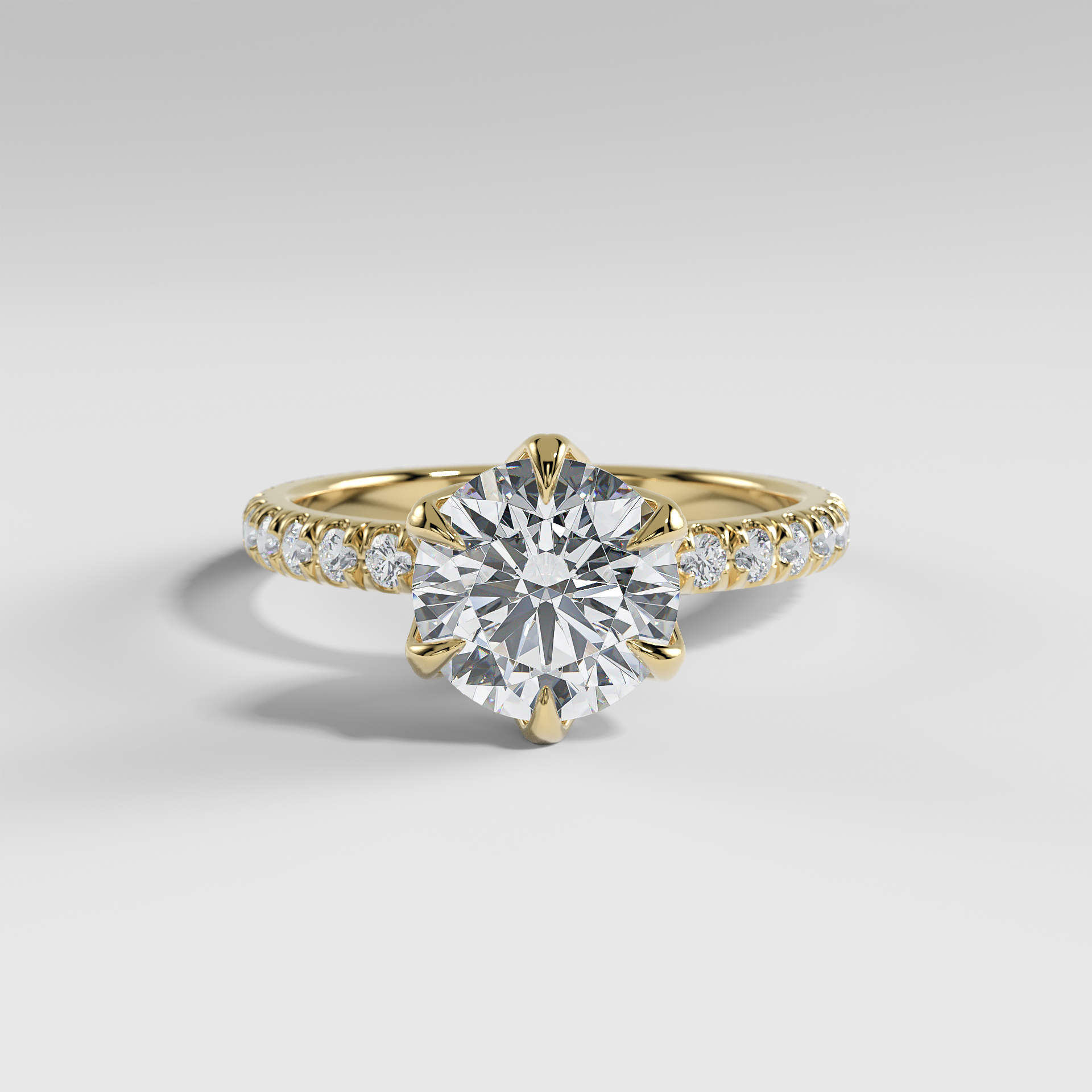HAILEY - Round Solitaire Engagement Ring with Pavé Diamond Band and Lotus Basket