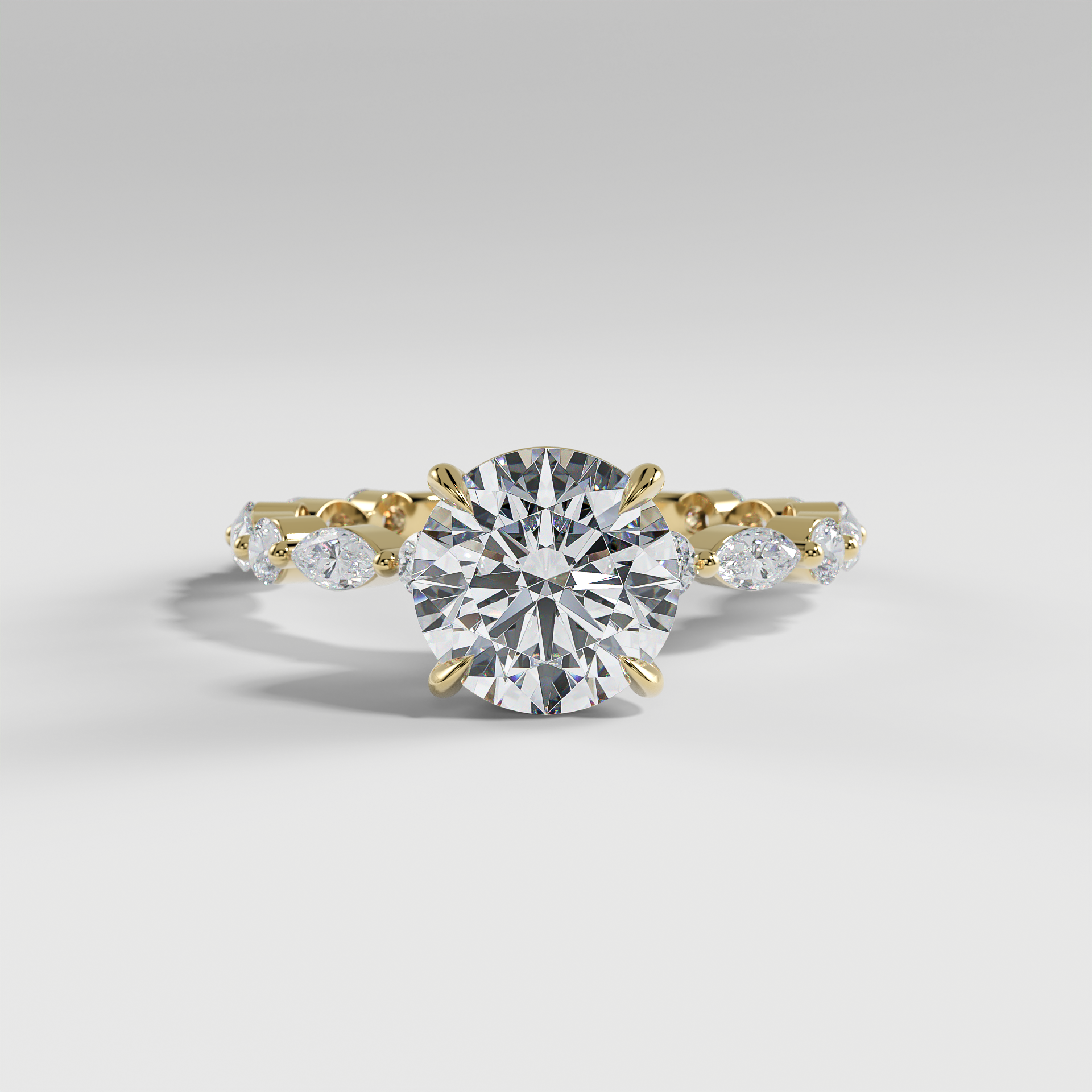 HANNAH - Round Solitaire Engagement Ring with Marquise & Round Accent Stones and Hidden Halo