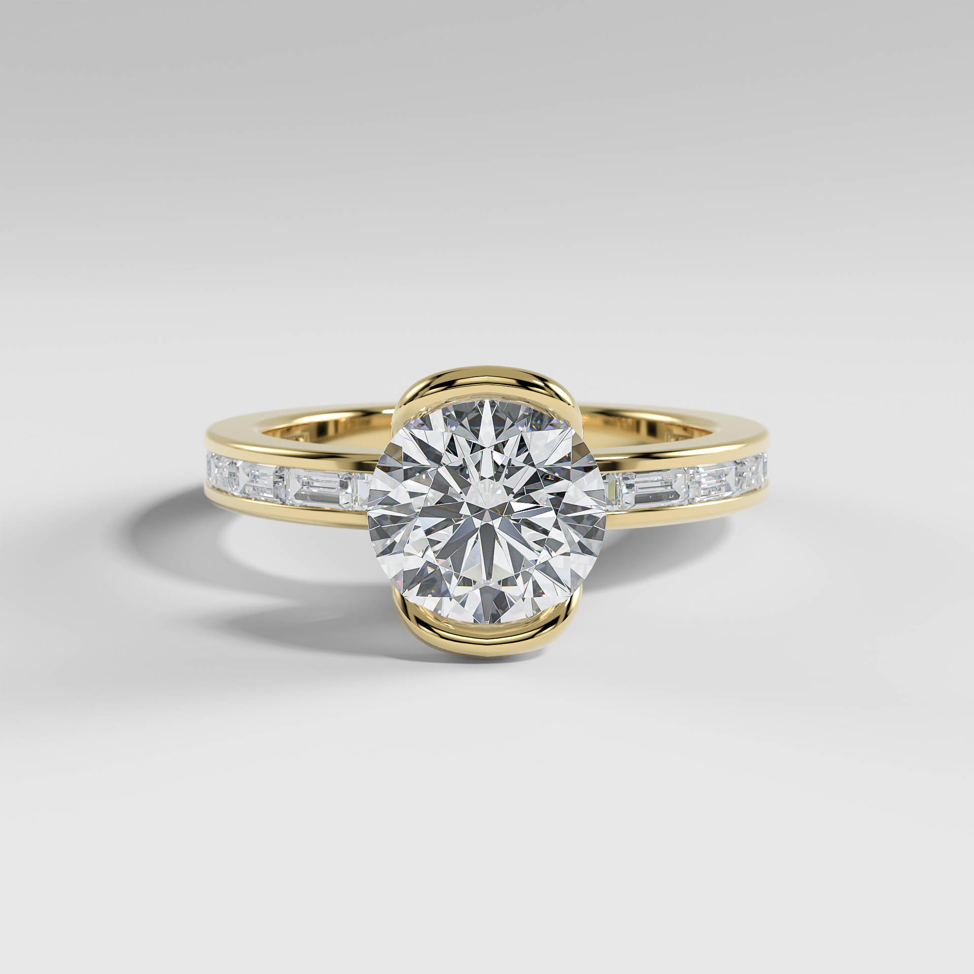 ADDISON - Round Solitaire Engagement Ring with Half Bezel Setting and Channel Set Baguette Band