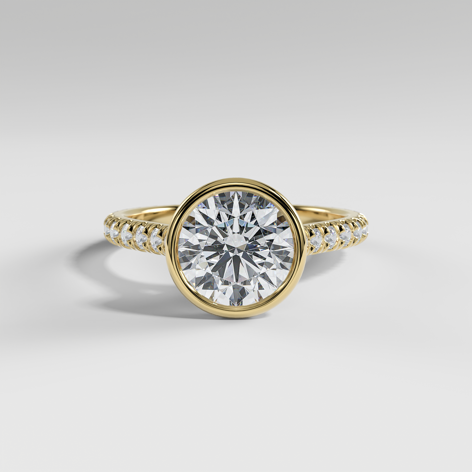 ABIGAIL - Round Solitaire Engagement Ring with Pavé Diamond Cathedral Band and Full Bezel Setting